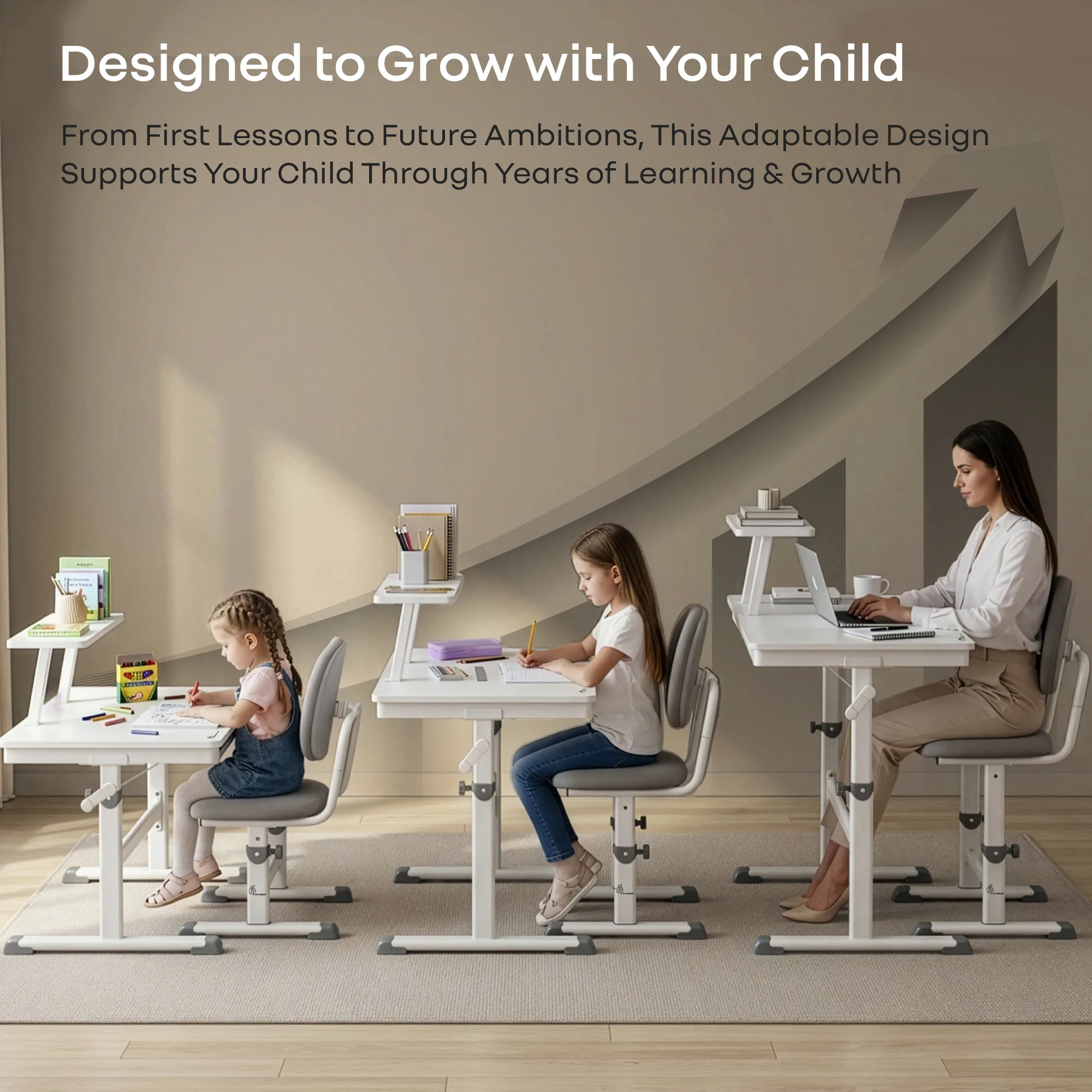Kiddie Grow Edge Kids Study Table & Chair Set 3-15 Years, Adjustable Height, Storage Drawer & Bookshelf - White Grey - Image 3