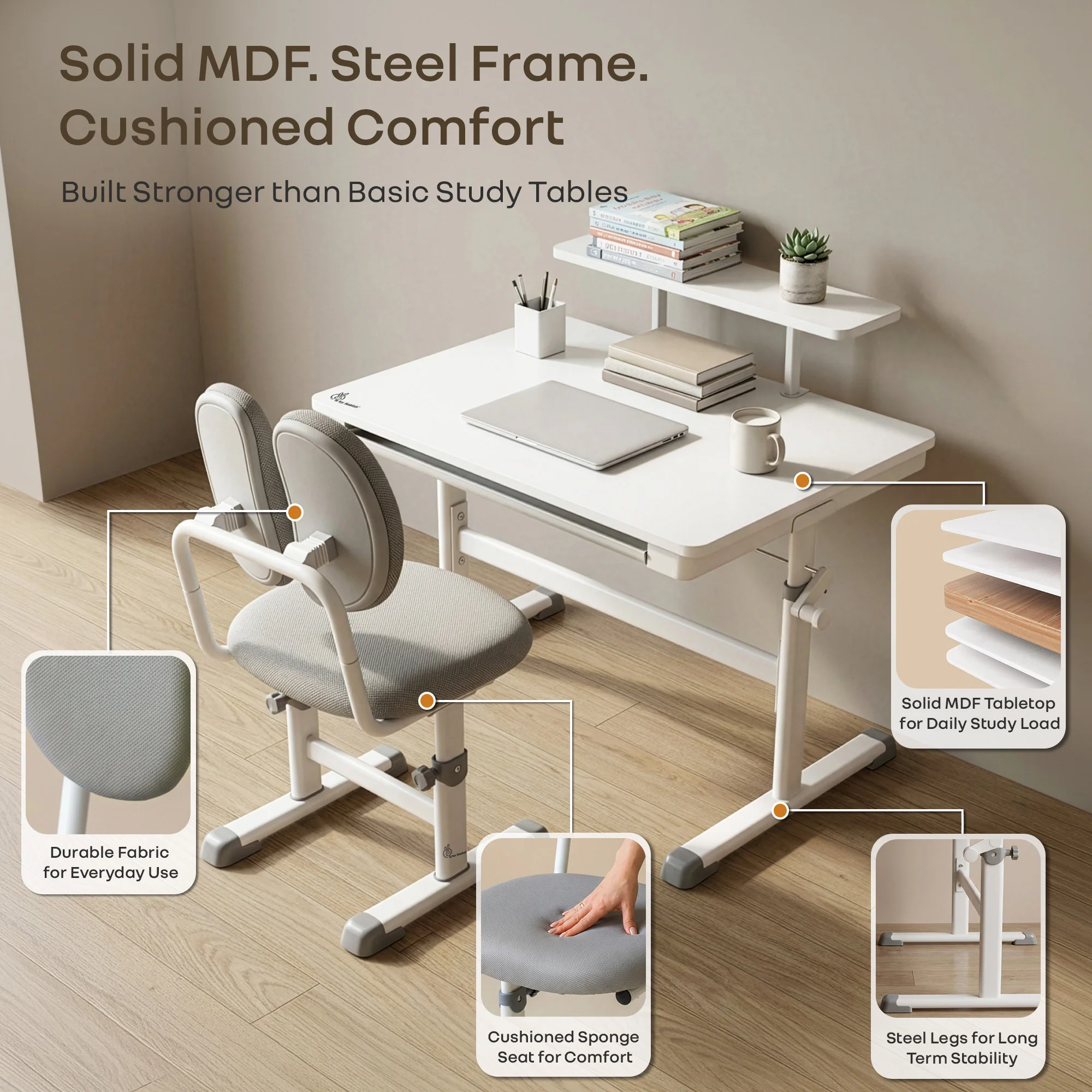 Kiddie Grow Edge Kids Study Table & Chair Set 3-15 Years, Adjustable Height, Storage Drawer & Bookshelf - White Grey - Image 5