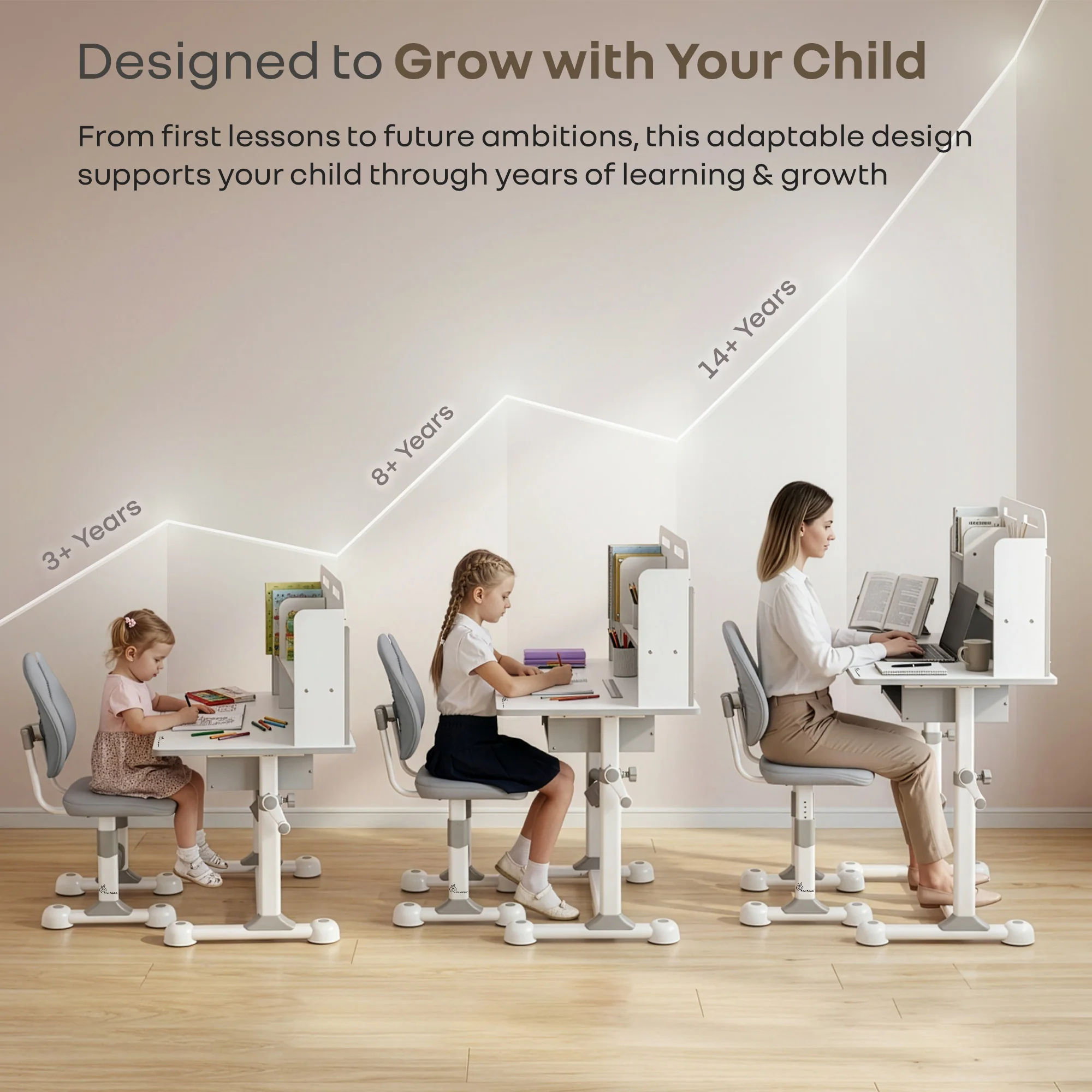 Kiddie Grow Flex Adjustable Kids Study Table with Chair – Ergonomic Desk with Storage Shelves, Drawer, Spacious Tabletop & Height Adjustment for Growing Kids (3–15 Years) - Grey White - Image 3