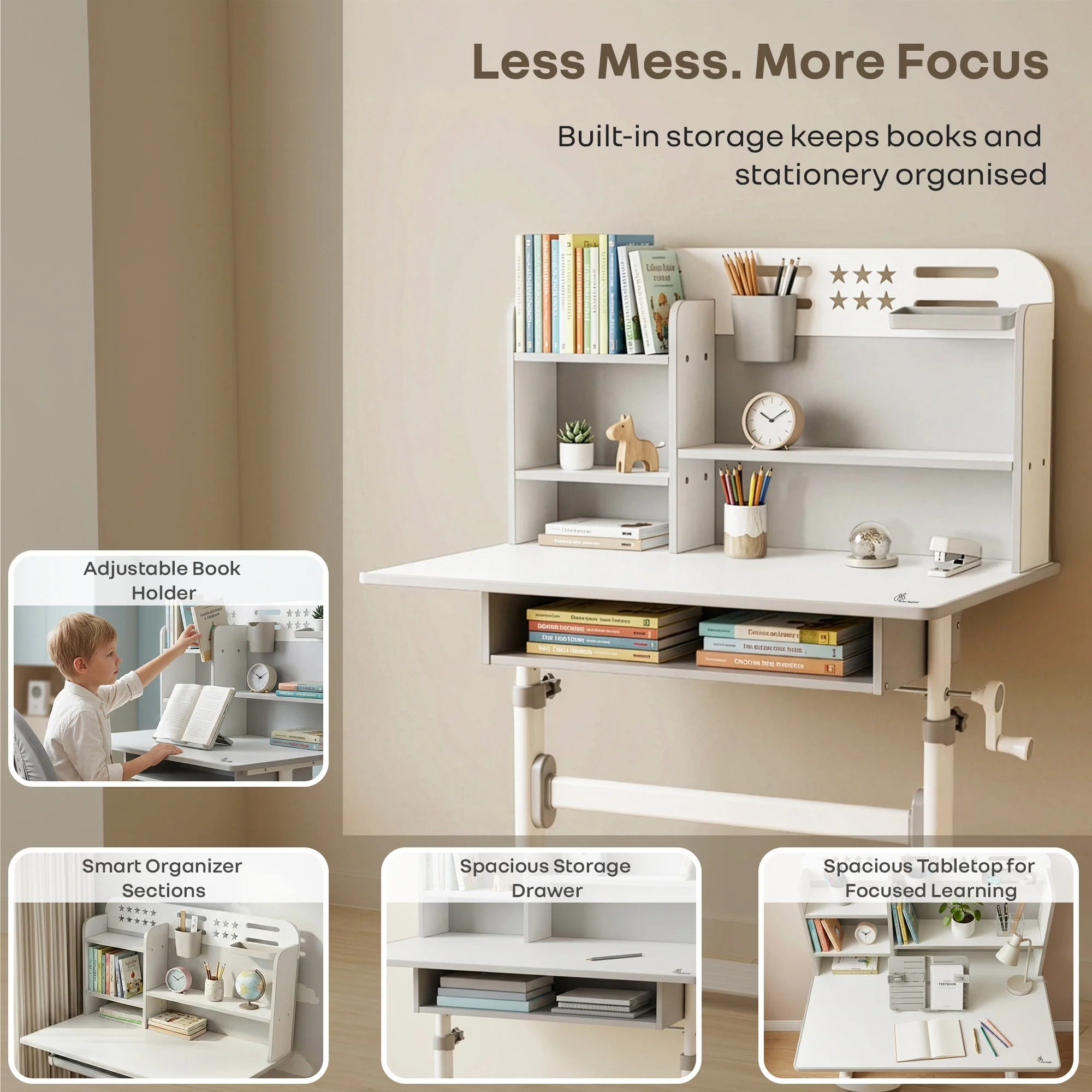 Kiddie Grow Flex Adjustable Kids Study Table with Chair – Ergonomic Desk with Storage Shelves, Drawer, Spacious Tabletop & Height Adjustment for Growing Kids (3–15 Years) - Grey White - Image 4
