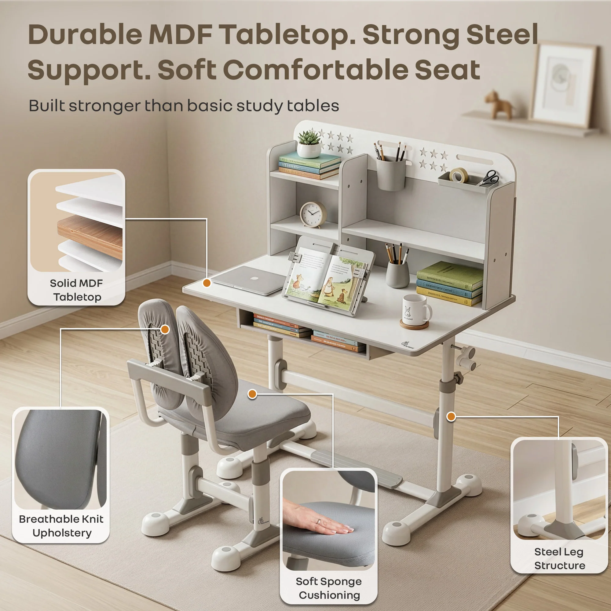Kiddie Grow Flex Adjustable Kids Study Table with Chair – Ergonomic Desk with Storage Shelves, Drawer, Spacious Tabletop & Height Adjustment for Growing Kids (3–15 Years) - Grey White - Image 8