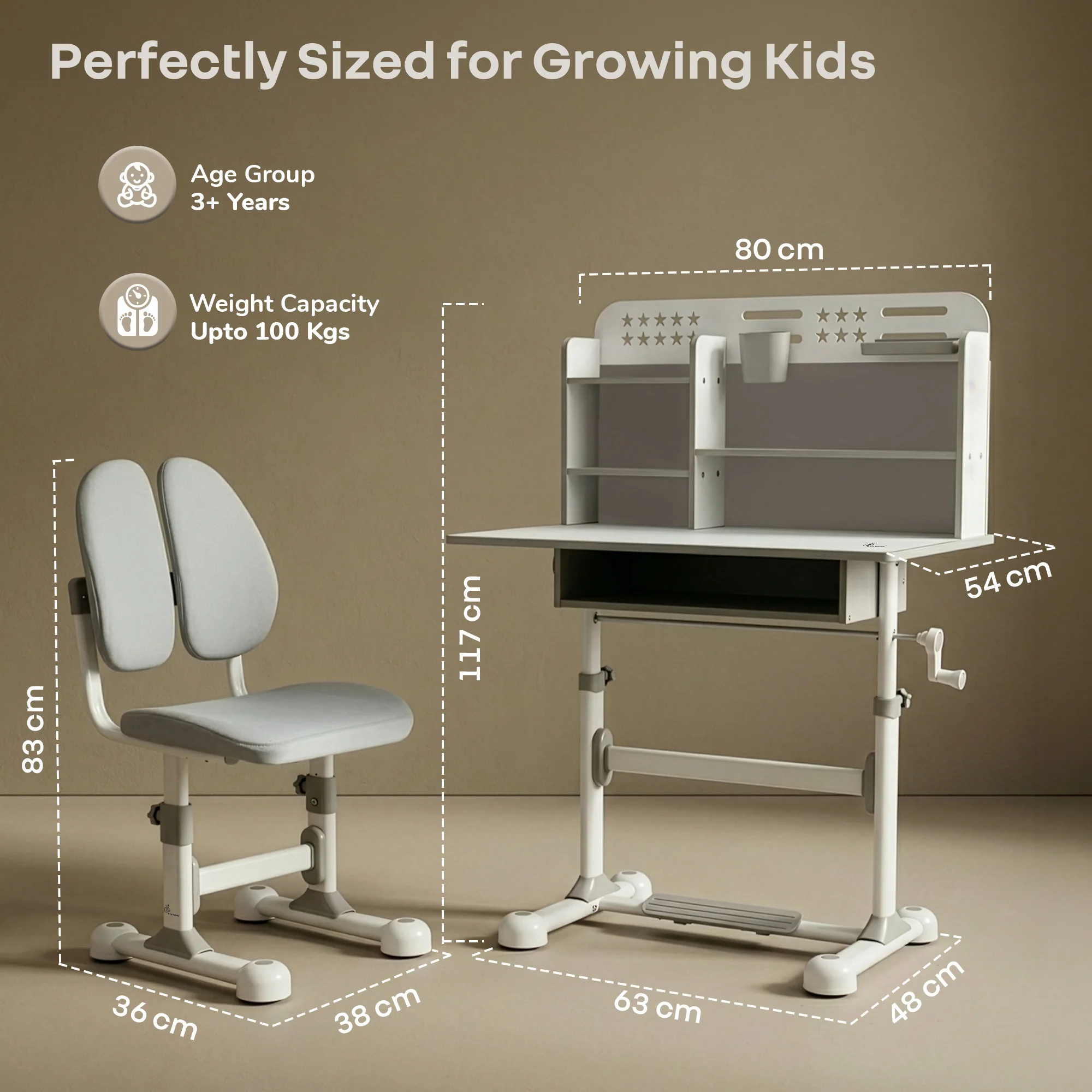 Kiddie Grow Flex Adjustable Kids Study Table with Chair – Ergonomic Desk with Storage Shelves, Drawer, Spacious Tabletop & Height Adjustment for Growing Kids (3–15 Years) - Grey White - Image 9