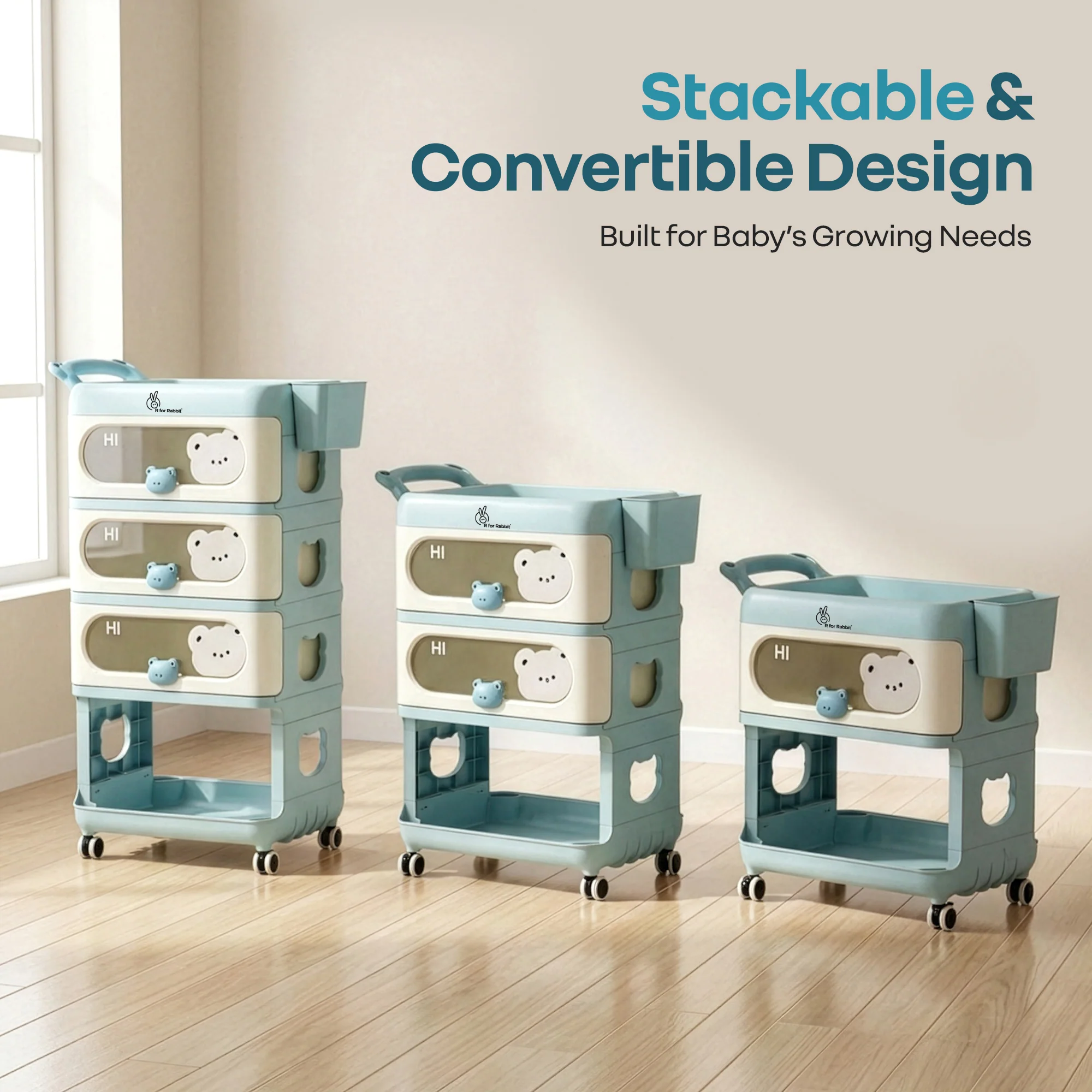 Kiddo Korner Bear Baby Storage Organizer with 3 Drawers, Open Storage, 360° Wheels & Detachable Basket - Blue Cream - Image 3