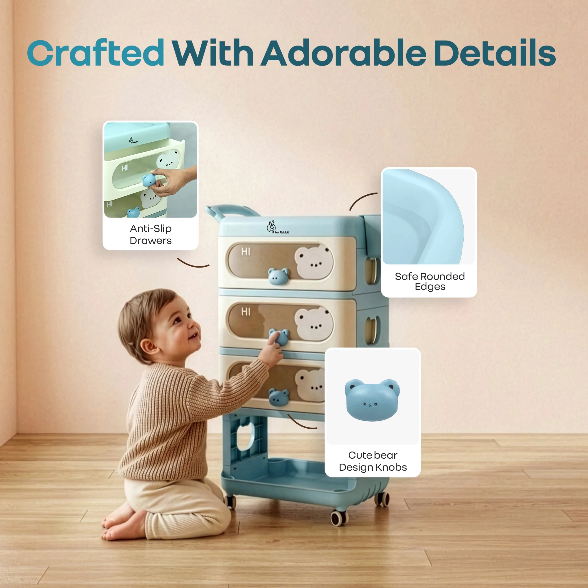 Kiddo Korner Bear Baby Storage Organizer with 3 Drawers, Open Storage, 360° Wheels & Detachable Basket - Blue Cream - Image 5