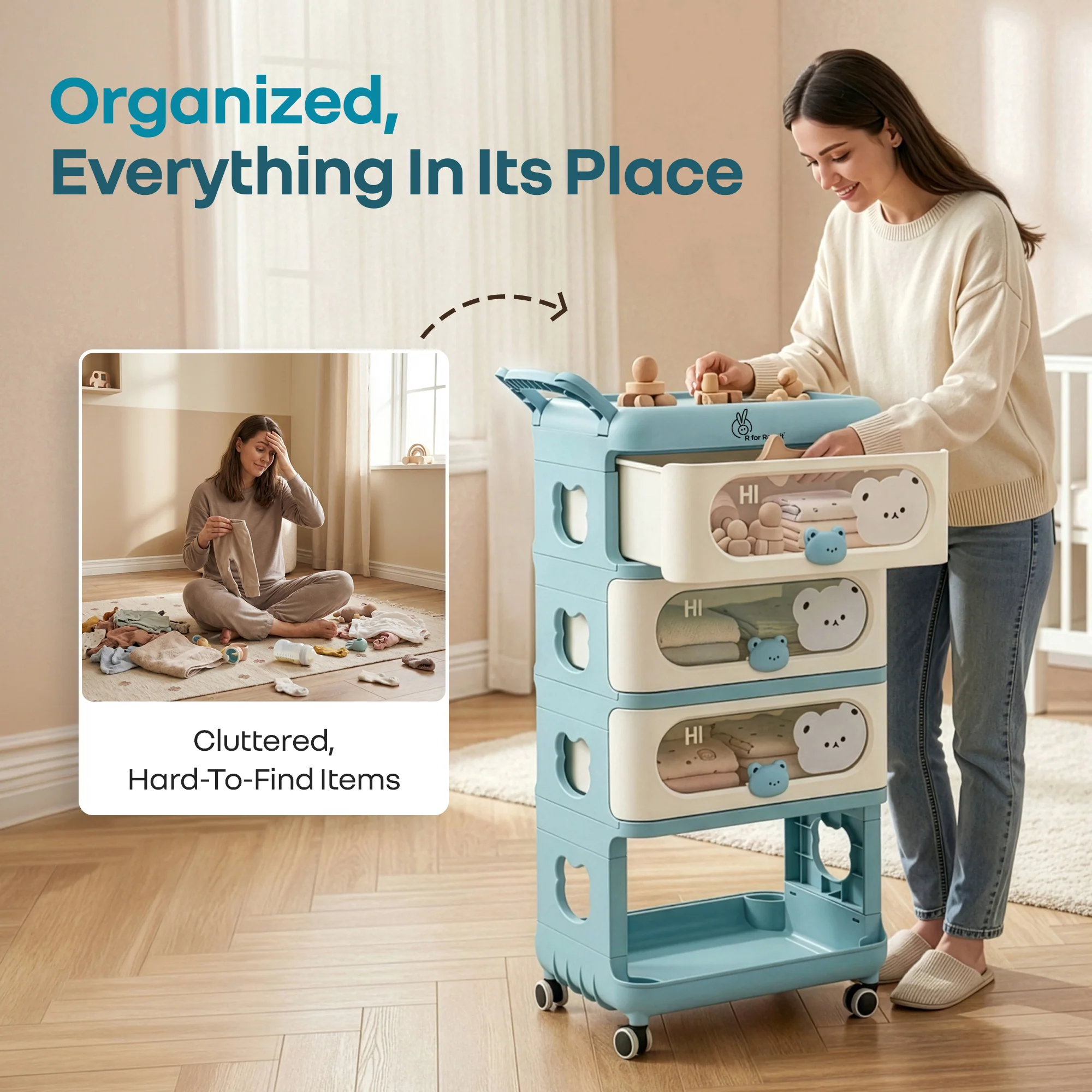 Kiddo Korner Bear Baby Storage Organizer with 3 Drawers, Open Storage, 360° Wheels & Detachable Basket - Blue Cream - Image 6