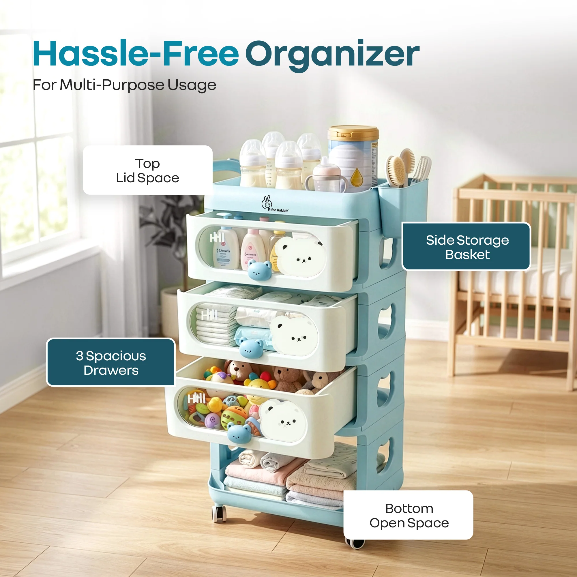 Kiddo Korner Bear Baby Storage Organizer with 3 Drawers, Open Storage, 360° Wheels & Detachable Basket - Blue Cream - Image 7