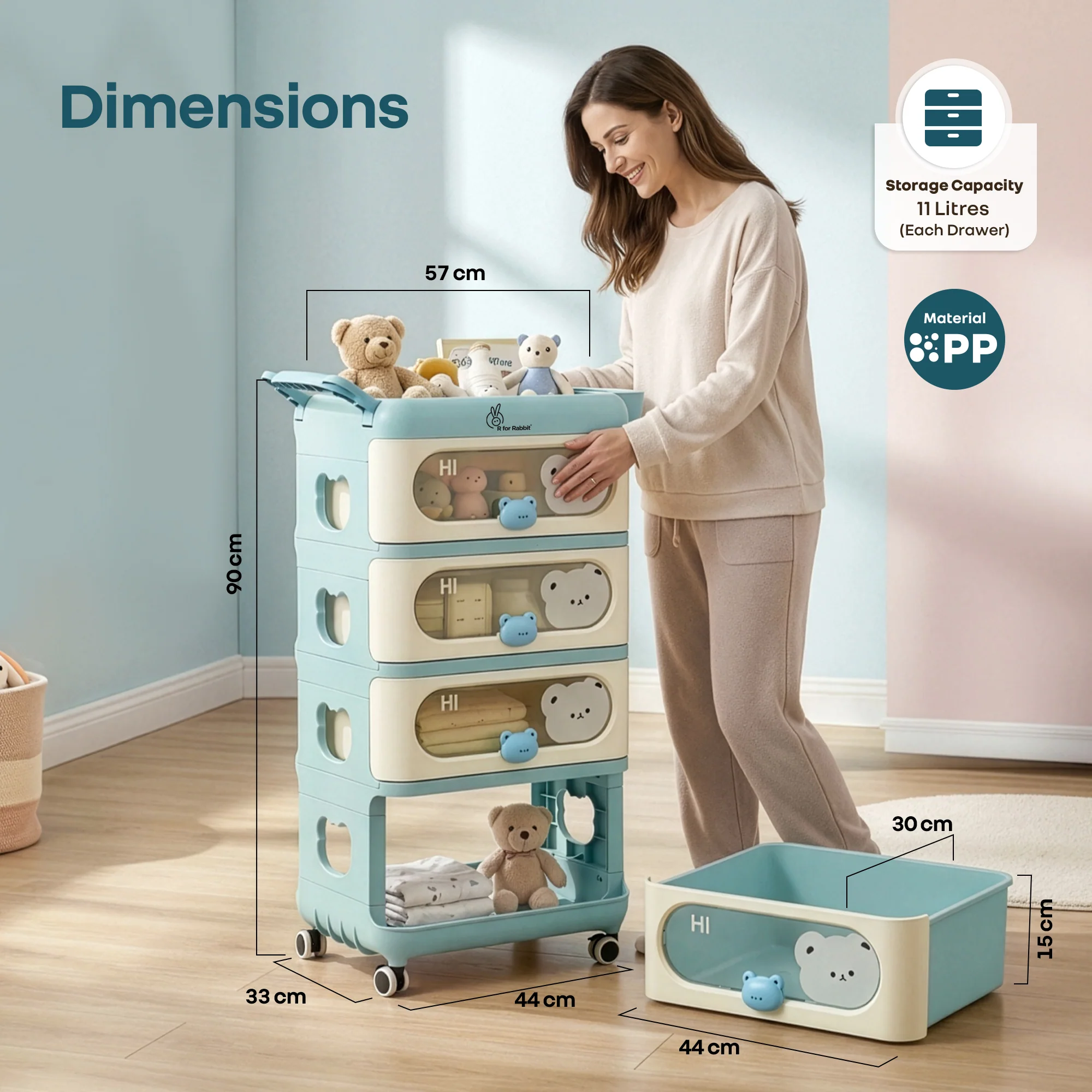 Kiddo Korner Bear Baby Storage Organizer with 3 Drawers, Open Storage, 360° Wheels & Detachable Basket - Blue Cream - Image 8