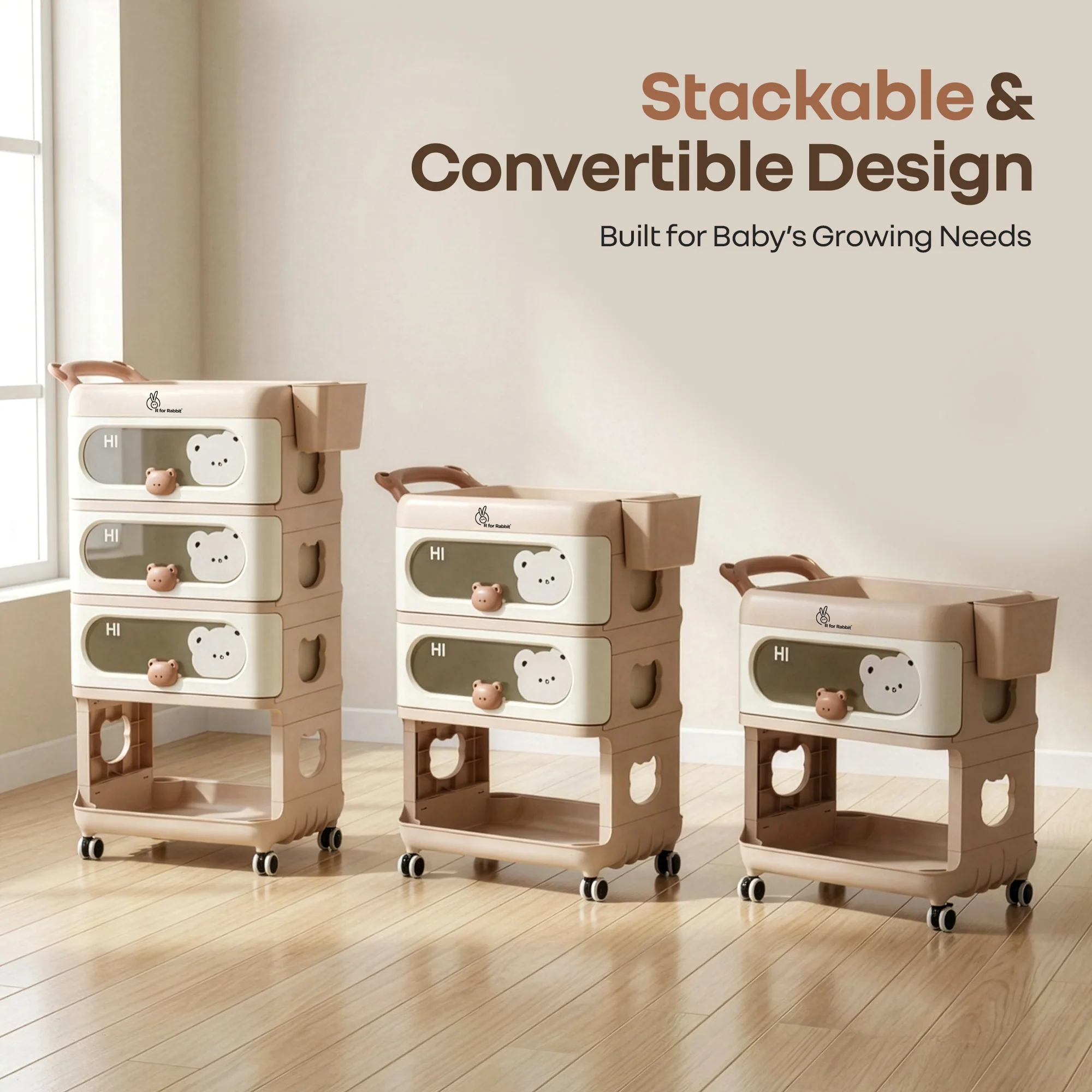 Kiddo Korner Bear Baby Storage Organizer with 3 Drawers, Open Storage, 360° Wheels & Detachable Basket - Brown Cream - Image 3