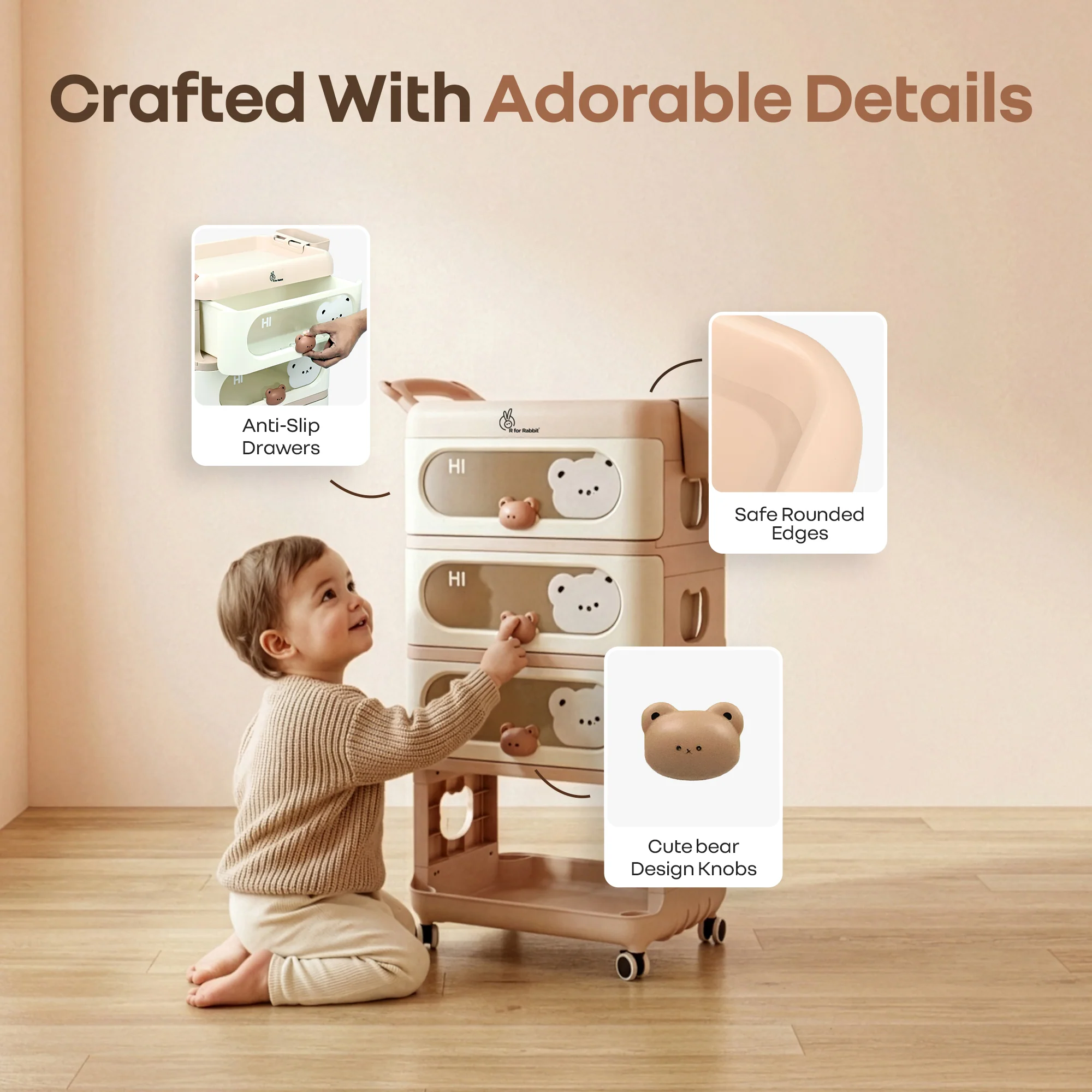 Kiddo Korner Bear Baby Storage Organizer with 3 Drawers, Open Storage, 360° Wheels & Detachable Basket - Brown Cream - Image 5