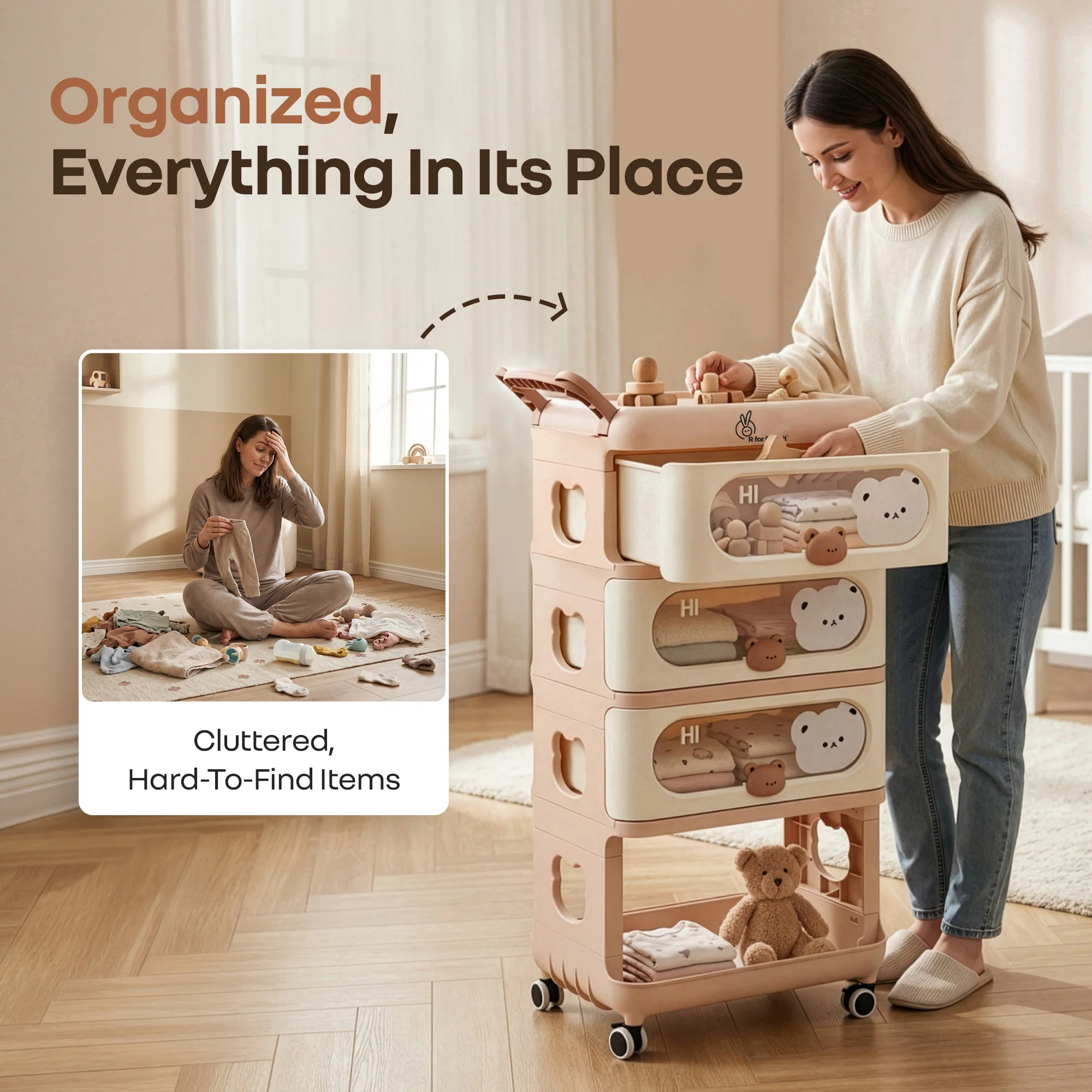 Kiddo Korner Bear Baby Storage Organizer with 3 Drawers, Open Storage, 360° Wheels & Detachable Basket - Brown Cream - Image 6