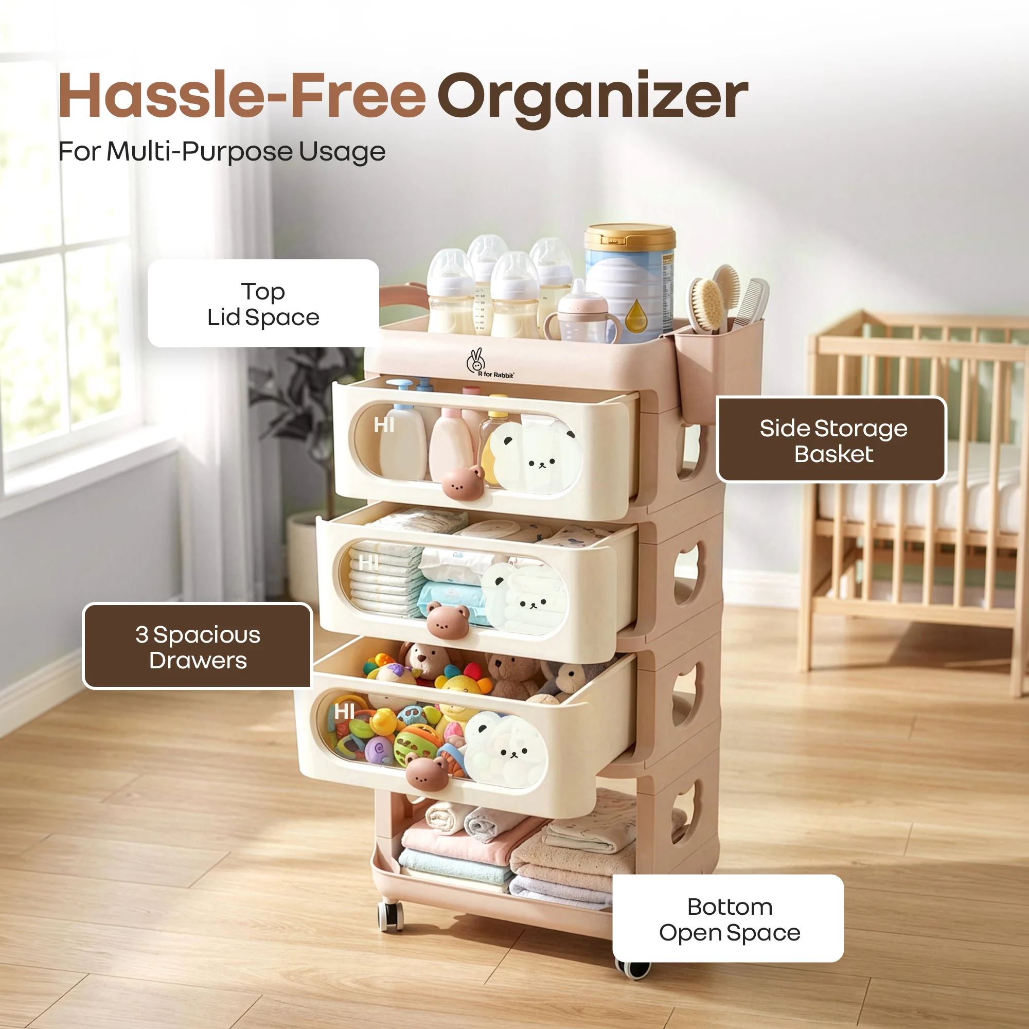 Kiddo Korner Bear Baby Storage Organizer with 3 Drawers, Open Storage, 360° Wheels & Detachable Basket - Brown Cream - Image 7