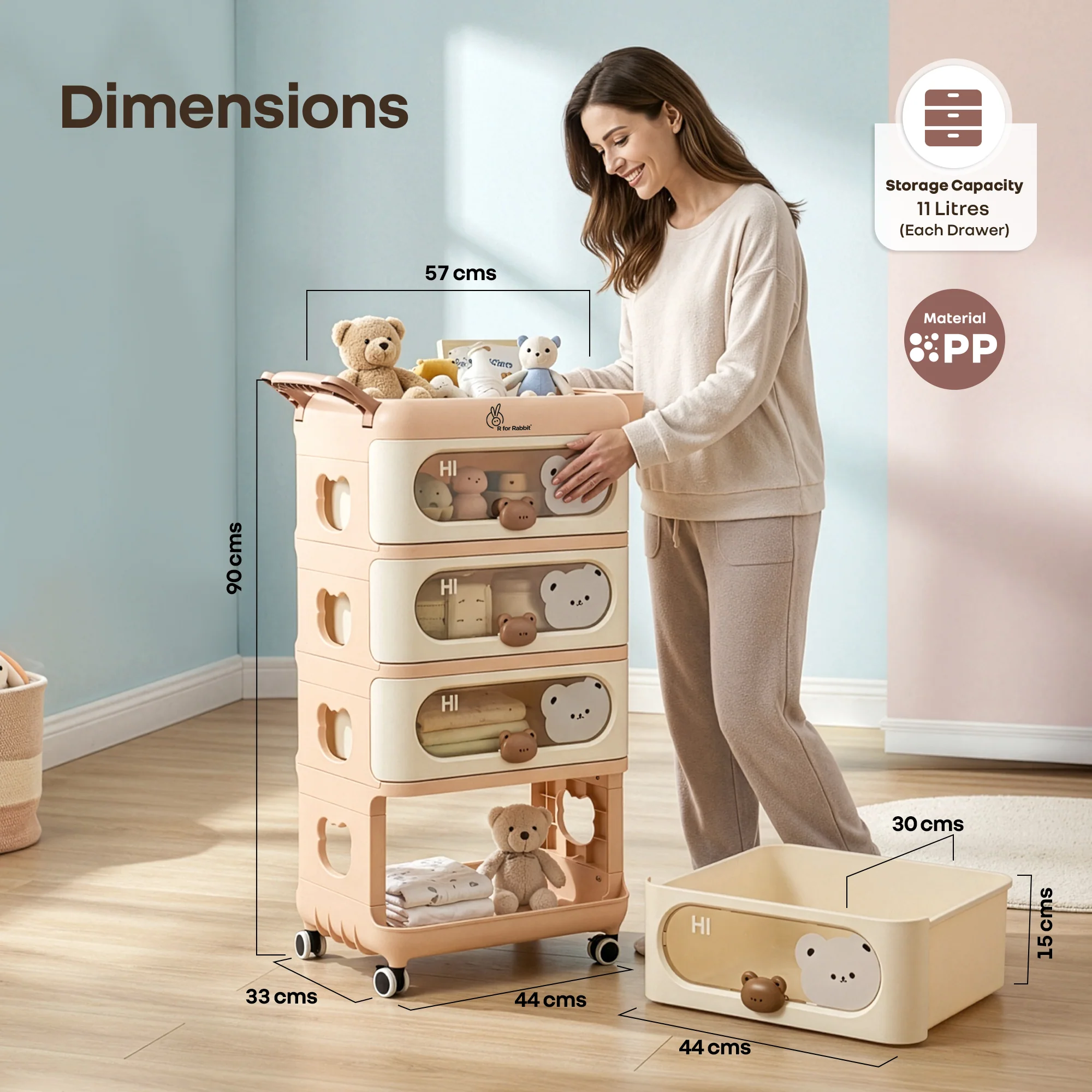 Kiddo Korner Bear Baby Storage Organizer with 3 Drawers, Open Storage, 360° Wheels & Detachable Basket - Brown Cream - Image 8