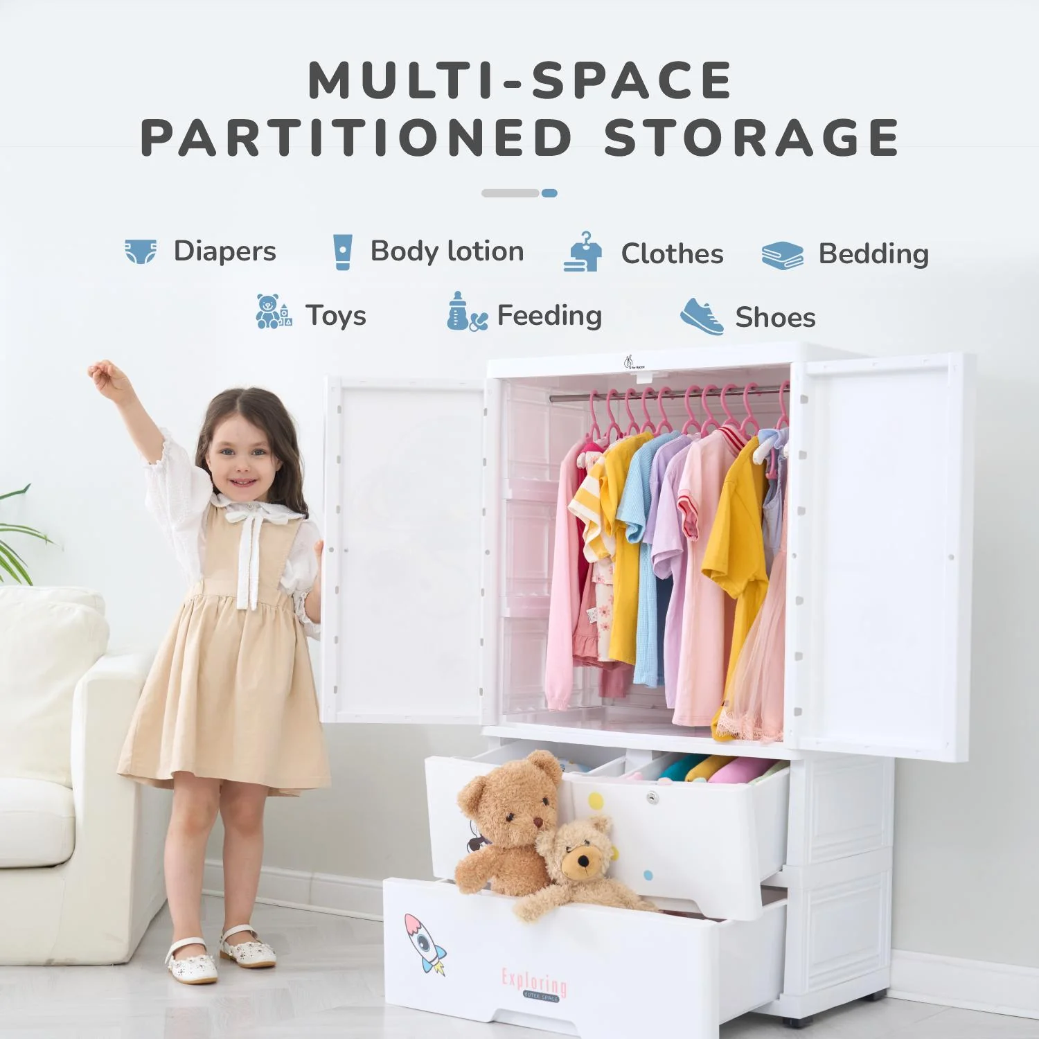 Kiddo Korner Stellar Storage Organizer Cupboard For Kids With Rustproof Stainless Steel Rods - Astro White - Image 3