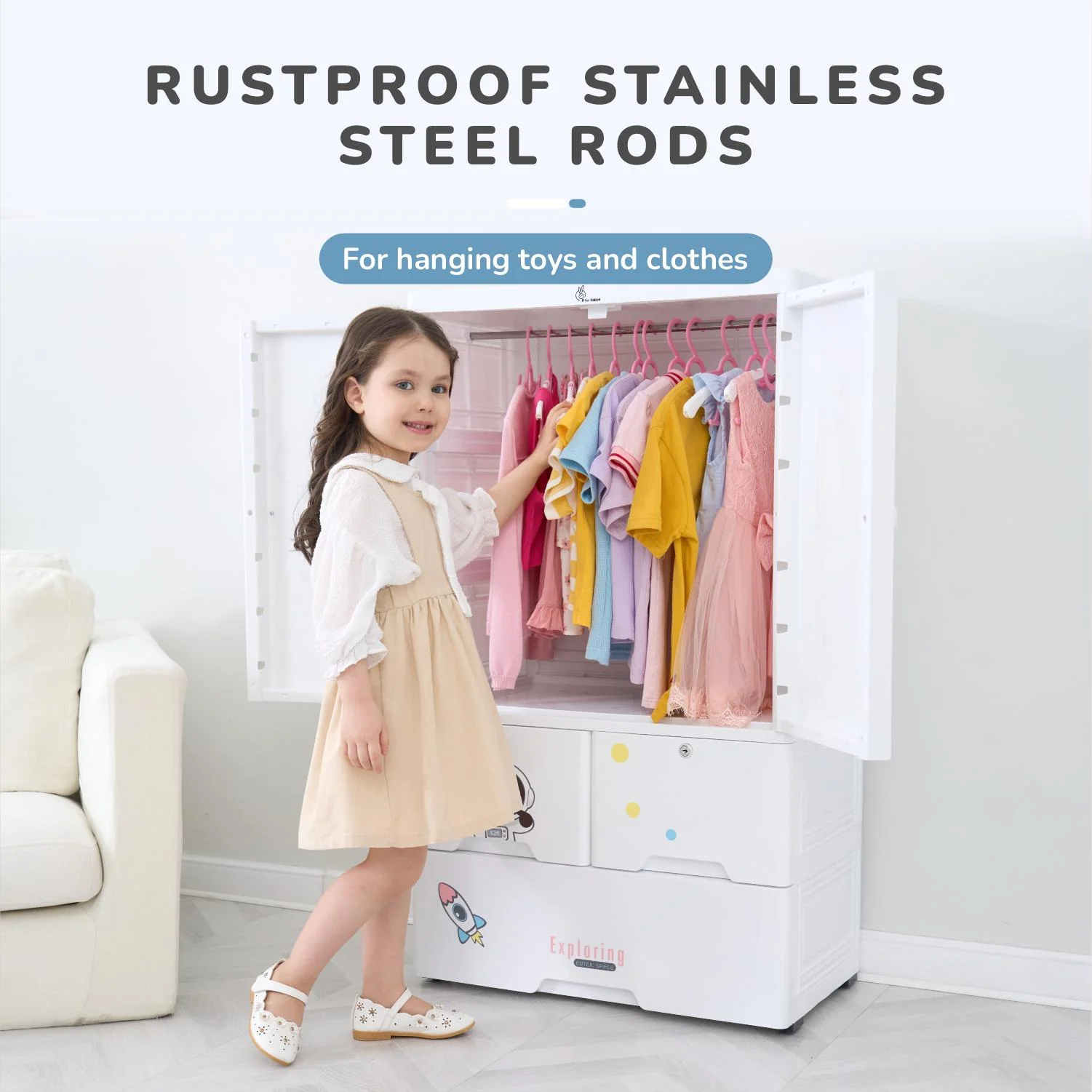 Kiddo Korner Stellar Storage Organizer Cupboard For Kids With Rustproof Stainless Steel Rods - Astro White - Image 4