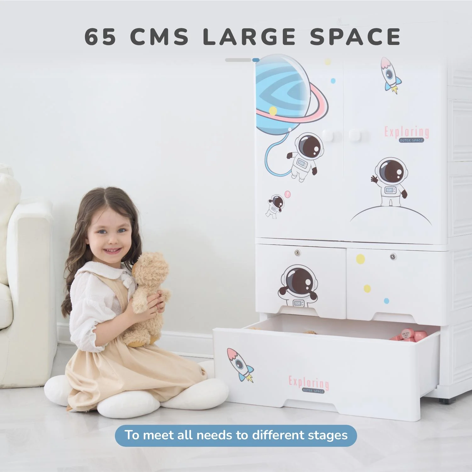 Kiddo Korner Stellar Storage Organizer Cupboard For Kids With Rustproof Stainless Steel Rods - Astro White - Image 7