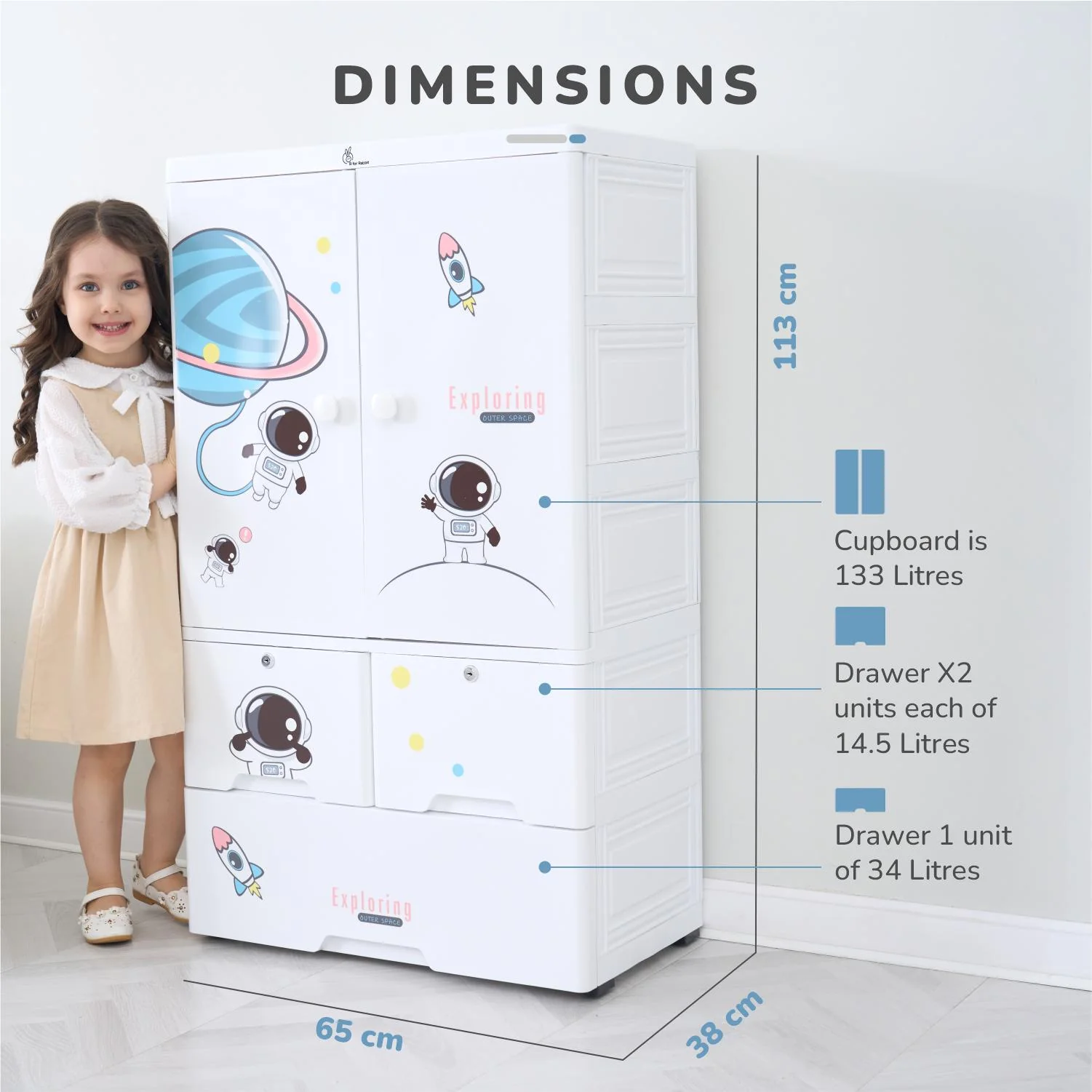 Kiddo Korner Stellar Storage Organizer Cupboard For Kids With Rustproof Stainless Steel Rods - Astro White - Image 9