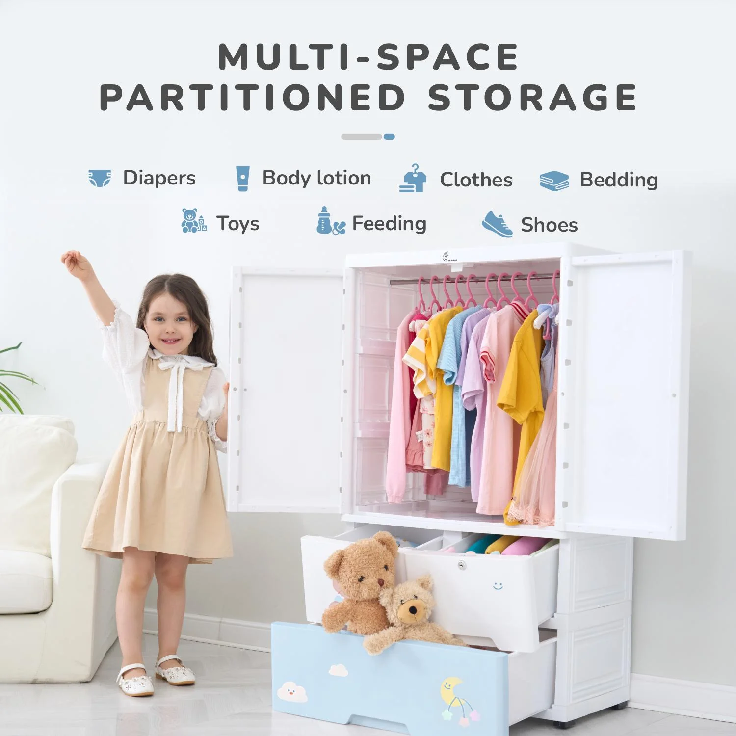 Kiddo Korner Stellar Storage Organizer Cupboard For Kids With Rustproof Stainless Steel Rods - Teddy Blue - Image 3