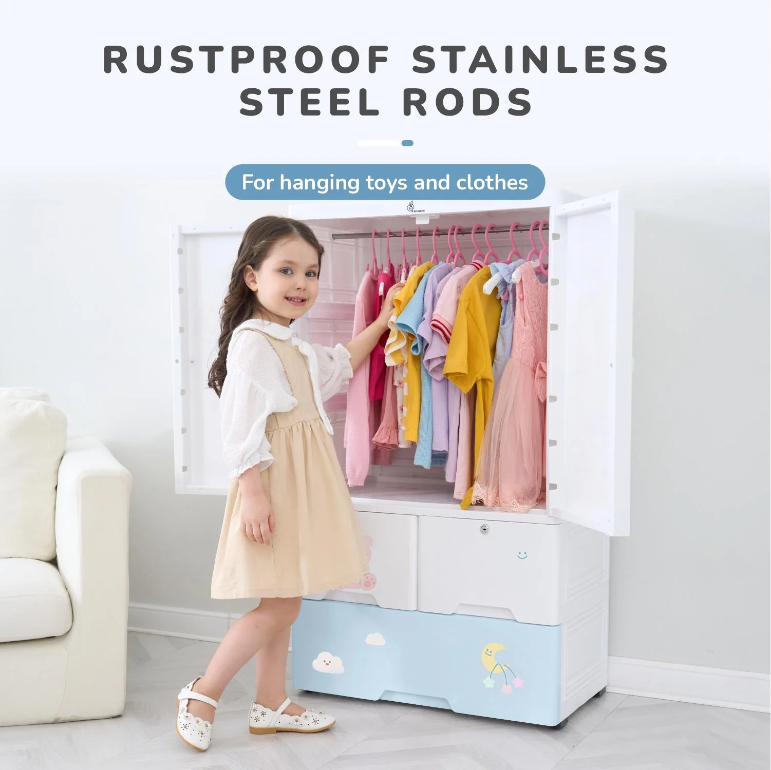 Kiddo Korner Stellar Storage Organizer Cupboard For Kids With Rustproof Stainless Steel Rods - Teddy Blue - Image 4