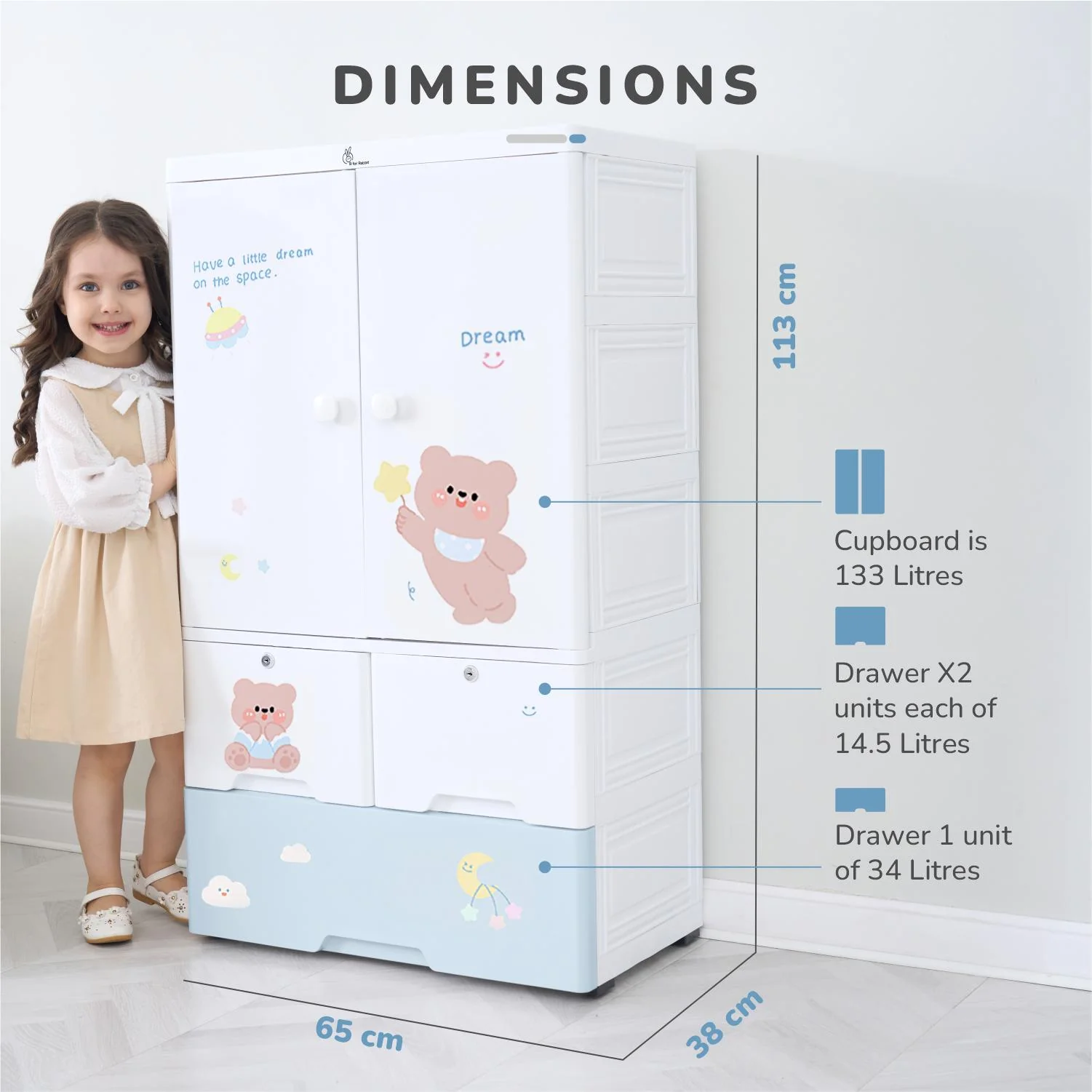 Kiddo Korner Stellar Storage Organizer Cupboard For Kids With Rustproof Stainless Steel Rods - Teddy Blue - Image 9
