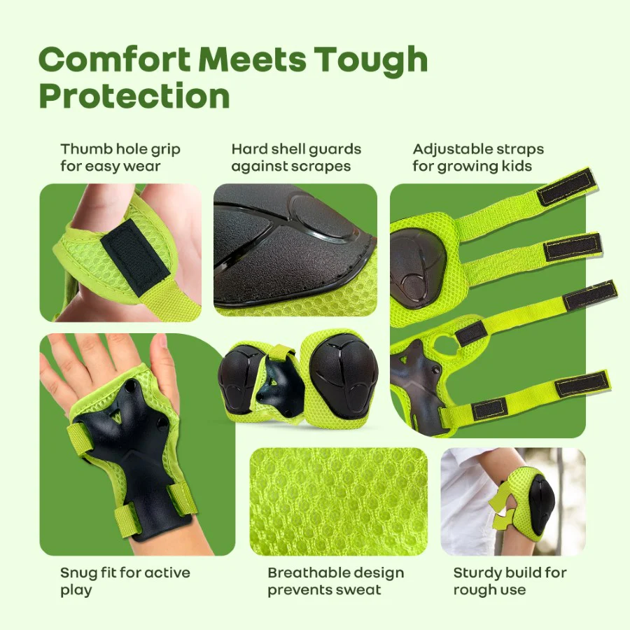 Safe Play Protective Gear Set for Kids - Helmet, Knee, Elbow & Wrist Pads (Age 3-7 Years) - Green Sports - Image 3