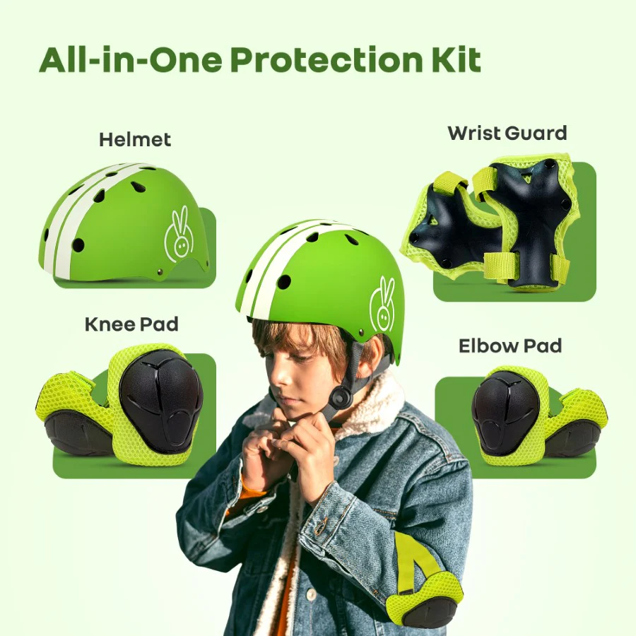 Safe Play Protective Gear Set for Kids - Helmet, Knee, Elbow & Wrist Pads (Age 3-7 Years) - Green Sports - Image 4