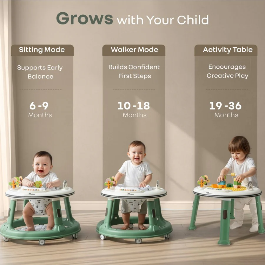 Little Feet Hopper 2-in-1 Baby Walker Cum Activity Table - Green White - Image 2