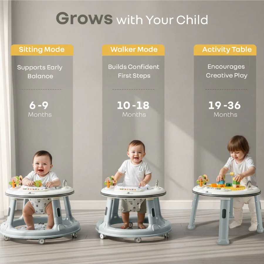 Little Feet Hopper 2-in-1 Baby Walker Cum Activity Table - Grey White - Image 2
