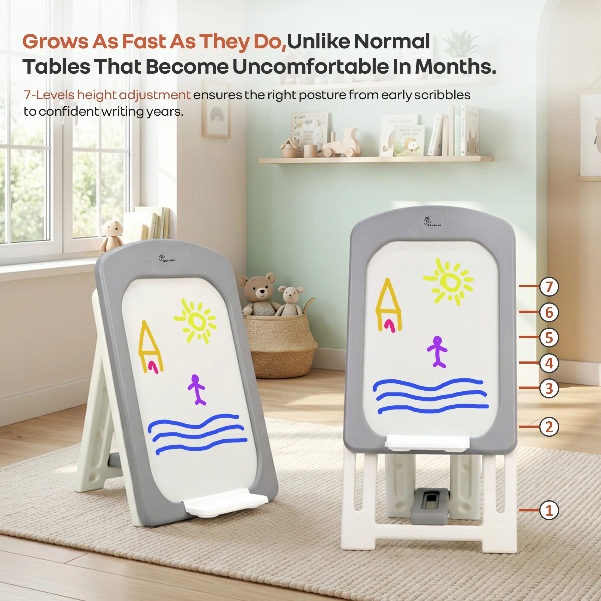 Little Genius Doodle Duo Whiteboard & Chair Set for 3–7 Years, 7-Level Height Adjustable, Foldable Study Table, Upto 40 kg - Grey White - Image 3