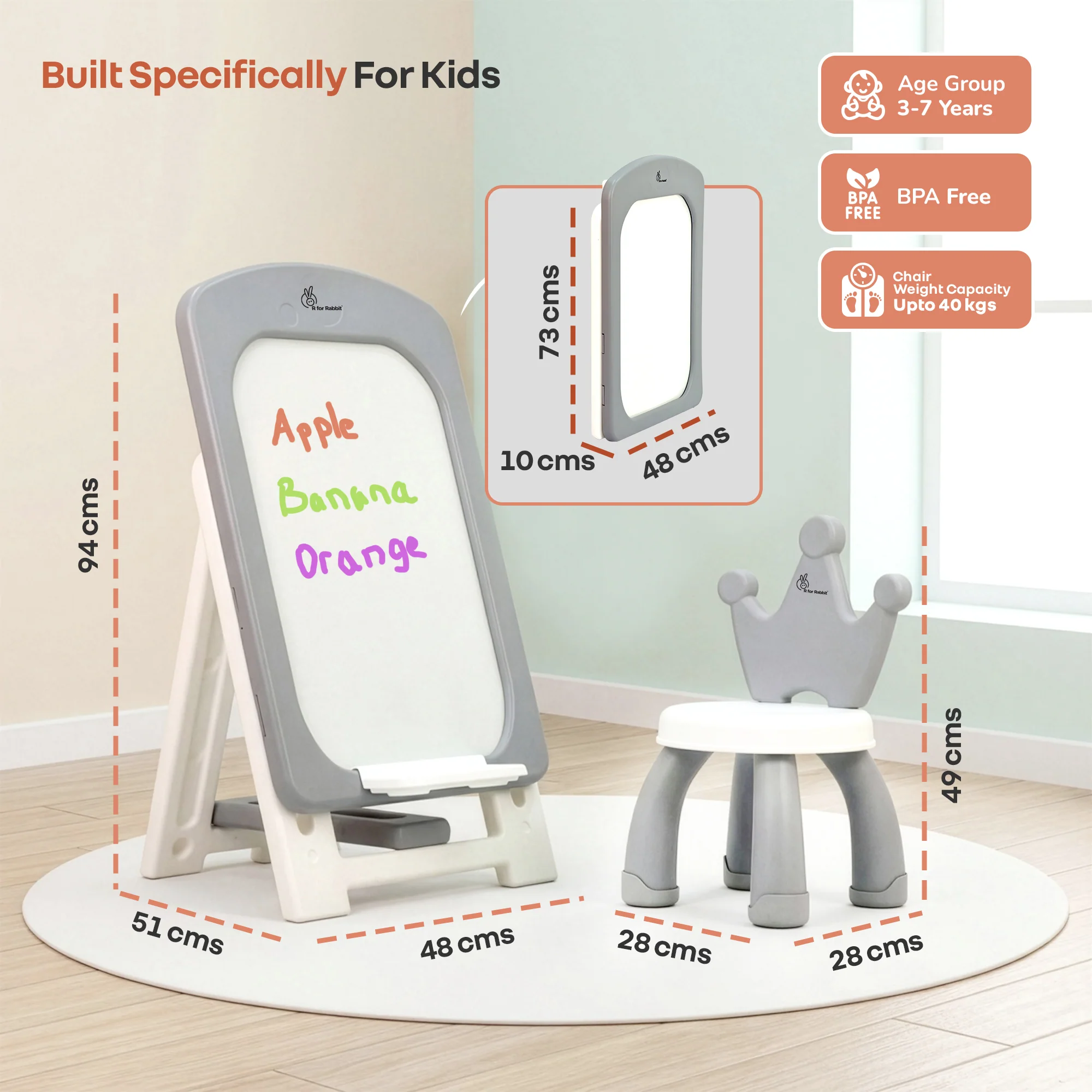 Little Genius Doodle Duo Whiteboard & Chair Set for 3–7 Years, 7-Level Height Adjustable, Foldable Study Table, Upto 40 kg - Grey White - Image 9