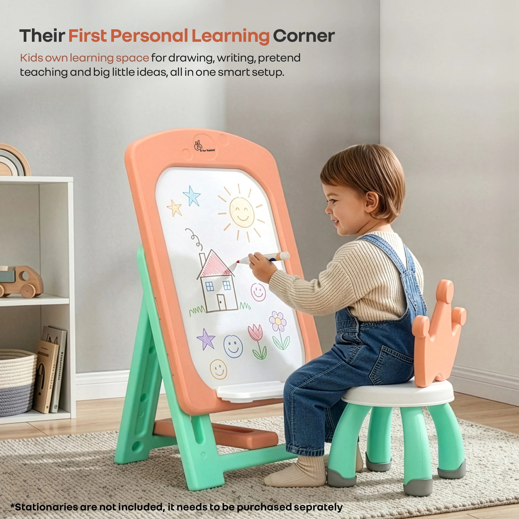 Little Genius Doodle Duo Whiteboard & Chair Set for 3–7 Years, 7-Level Height Adjustable, Foldable Study Table, Upto 40 kg - Peach Green - Image 2