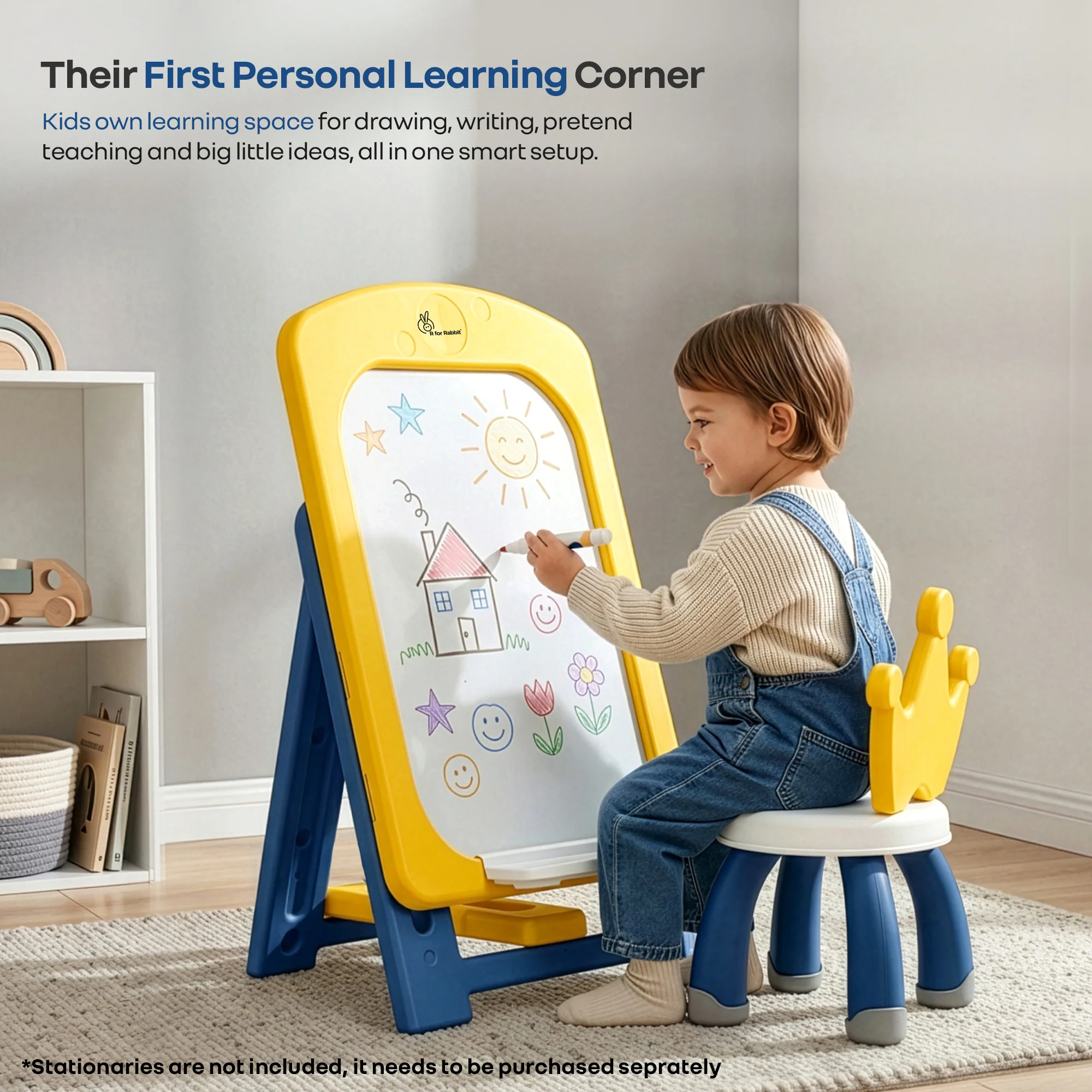 Little Genius Doodle Duo Whiteboard & Chair Set for 3–7 Years, 7-Level Height Adjustable, Foldable Study Table, Upto 40 kg - Yellow Blue - Image 2