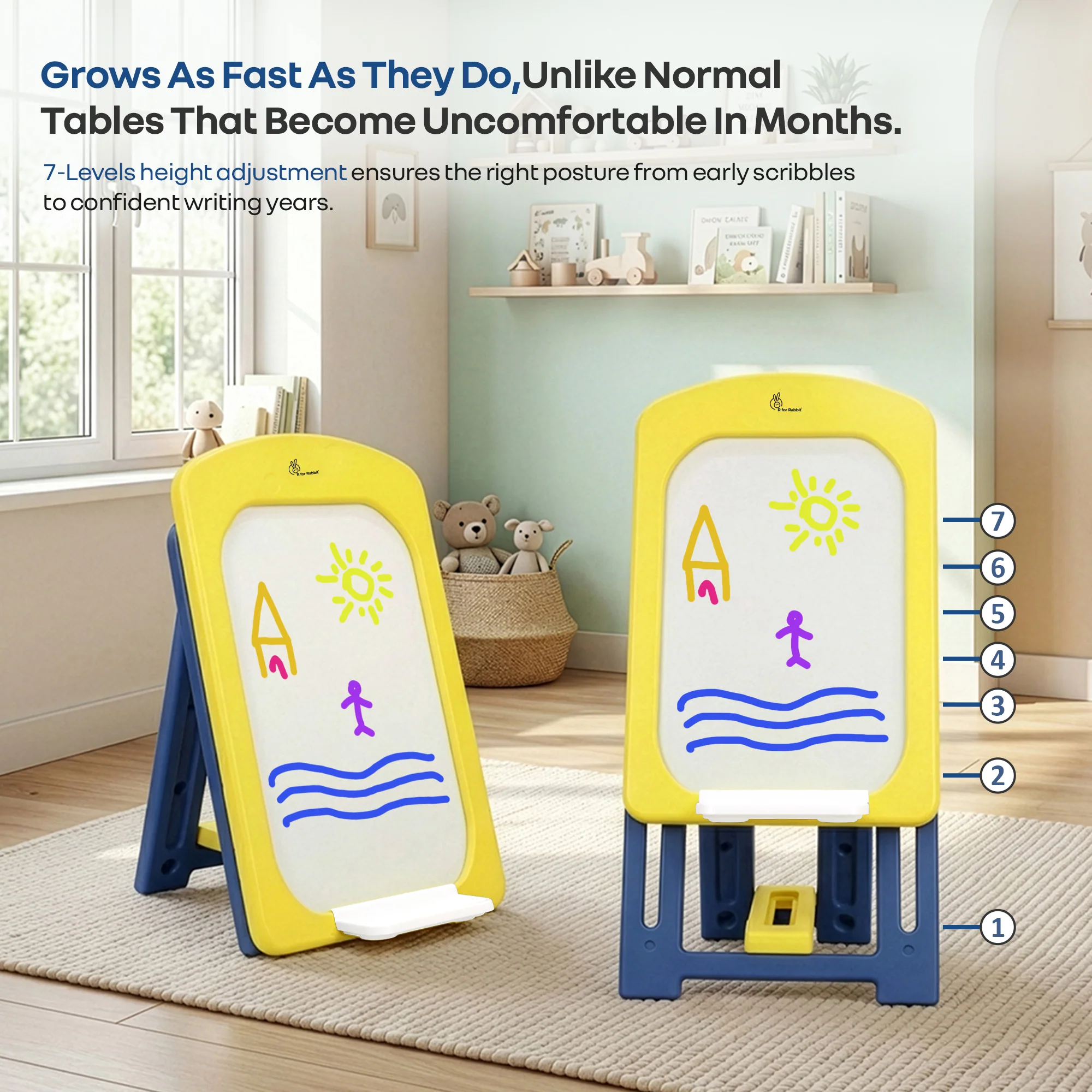 Little Genius Doodle Duo Whiteboard & Chair Set for 3–7 Years, 7-Level Height Adjustable, Foldable Study Table, Upto 40 kg - Yellow Blue - Image 3