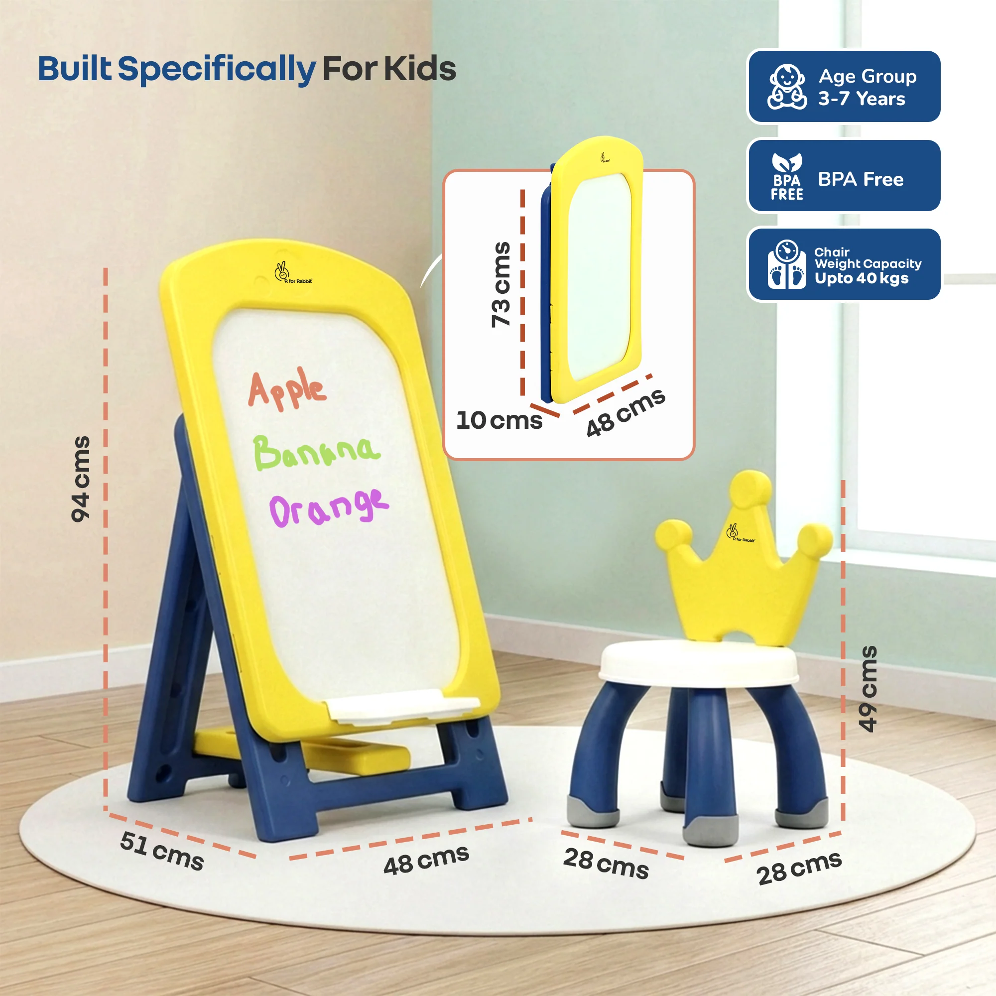 Little Genius Doodle Duo Whiteboard & Chair Set for 3–7 Years, 7-Level Height Adjustable, Foldable Study Table, Upto 40 kg - Yellow Blue - Image 9