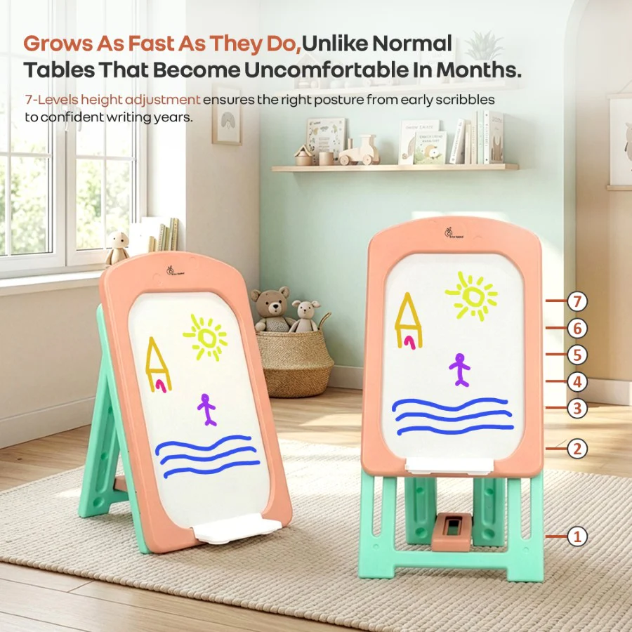 Little Genius Doodle Kids Whiteboard for Drawing & Learning – Foldable BPA Free Board with 7 Height Adjustments, Storage Tray & Stable Frame for Creative Activities (Age 3–7 Years) - Peach Green - Image 3