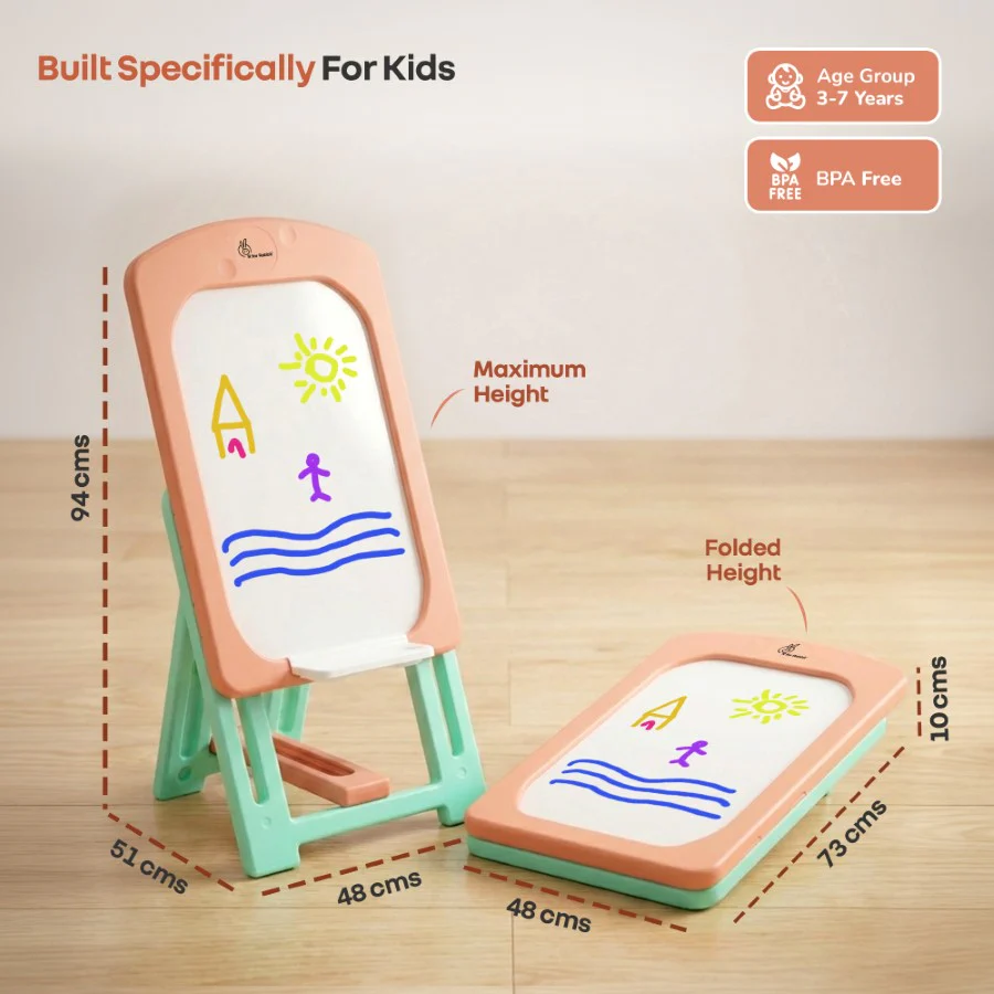 Little Genius Doodle Kids Whiteboard for Drawing & Learning – Foldable BPA Free Board with 7 Height Adjustments, Storage Tray & Stable Frame for Creative Activities (Age 3–7 Years) - Peach Green - Image 9