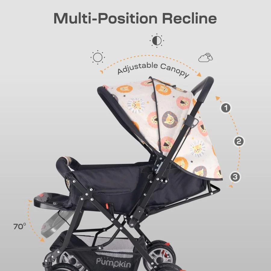 Kiddie Kingdom Stroller 3 Position Recline, Easy Fold, Reversible Handle, Rear Wheel Brakes - Black Safari - Image 5