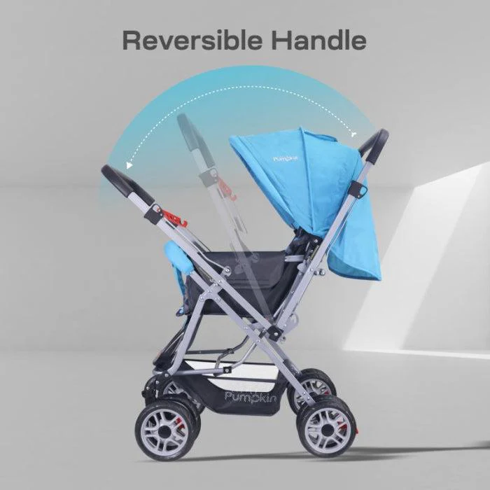 Kiddie Kingdom Stroller 3 Position Recline, Easy Fold, Reversible Handle, Rear Wheel Brakes - Blue Black - Image 2
