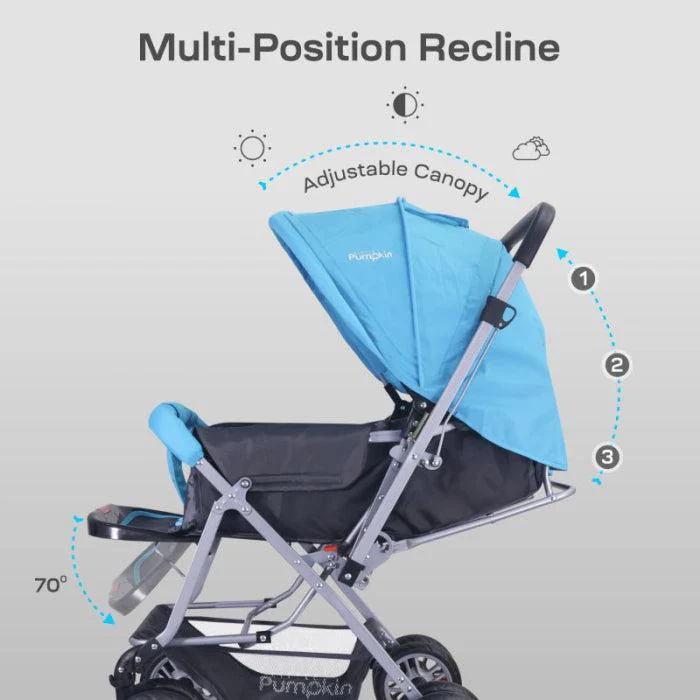 Kiddie Kingdom Stroller 3 Position Recline, Easy Fold, Reversible Handle, Rear Wheel Brakes - Blue Black - Image 3