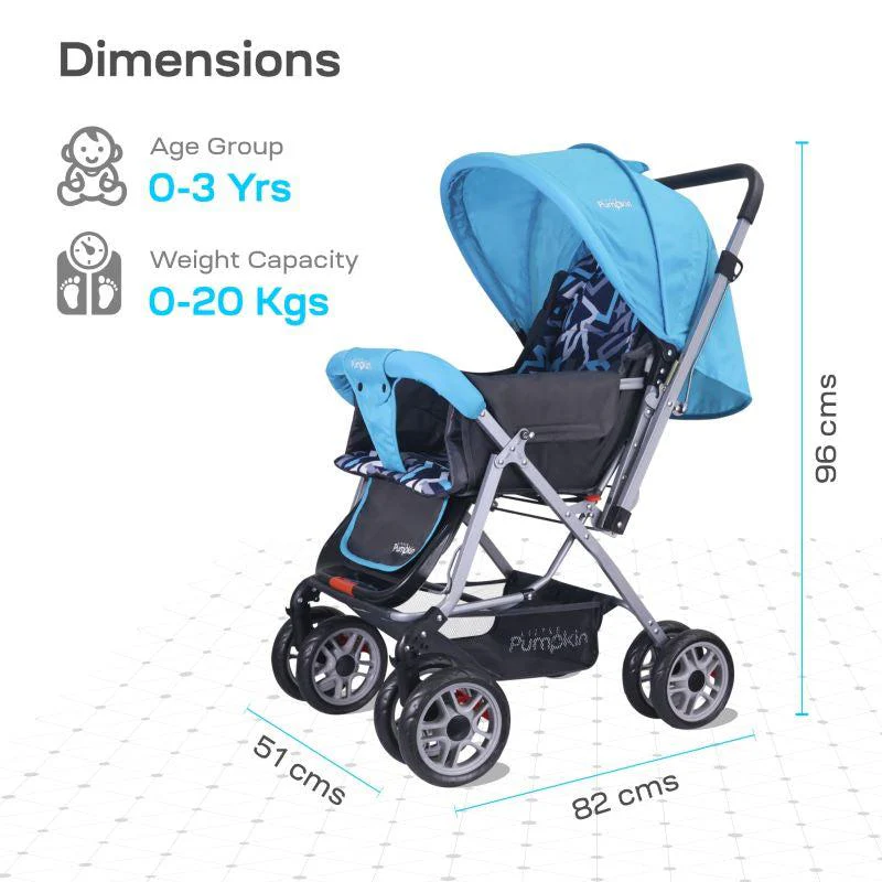Kiddie Kingdom Stroller 3 Position Recline, Easy Fold, Reversible Handle, Rear Wheel Brakes - Blue Black - Image 5