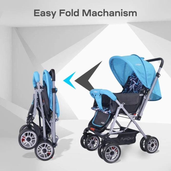 Kiddie Kingdom Stroller 3 Position Recline, Easy Fold, Reversible Handle, Rear Wheel Brakes - Blue Black - Image 6