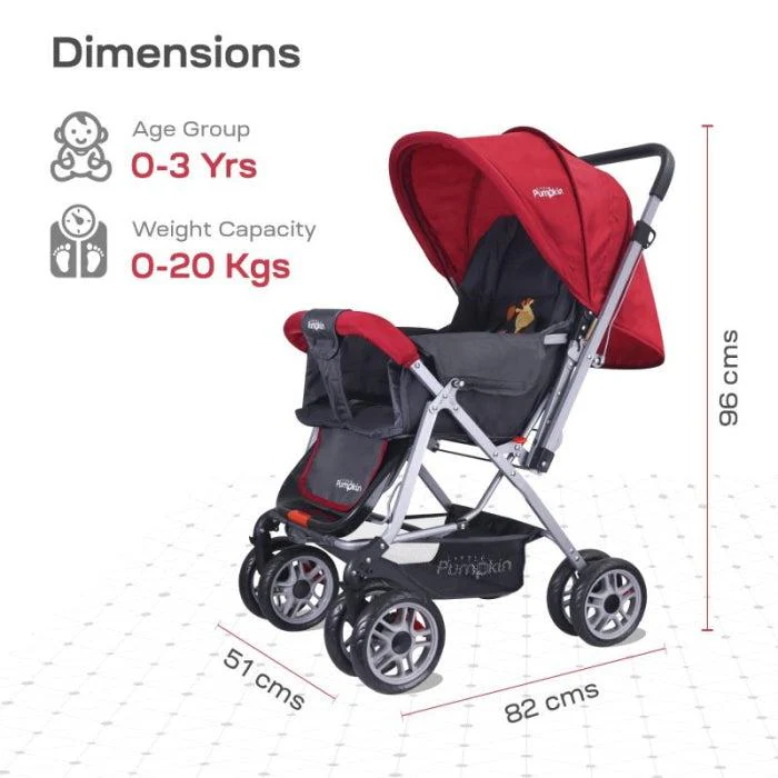 Kiddie Kingdom Stroller 3 Position Recline, Easy Fold, Reversible Handle, Rear Wheel Brakes - Red - Image 6
