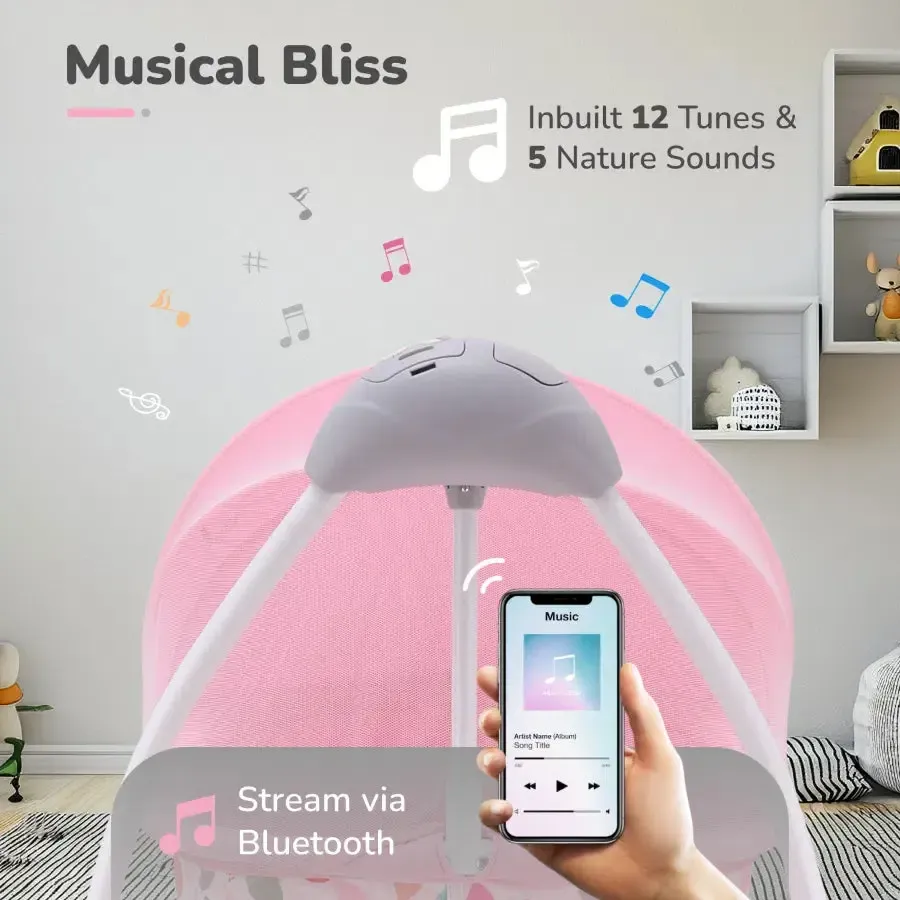 Lullabies Cradle - Auto Swing With Remote Control, 16 In-Built Soothing Music Tunes, Mosquito Net Baby Cradle, 3-Point Safety, Swing Lock - Pink - Image 4