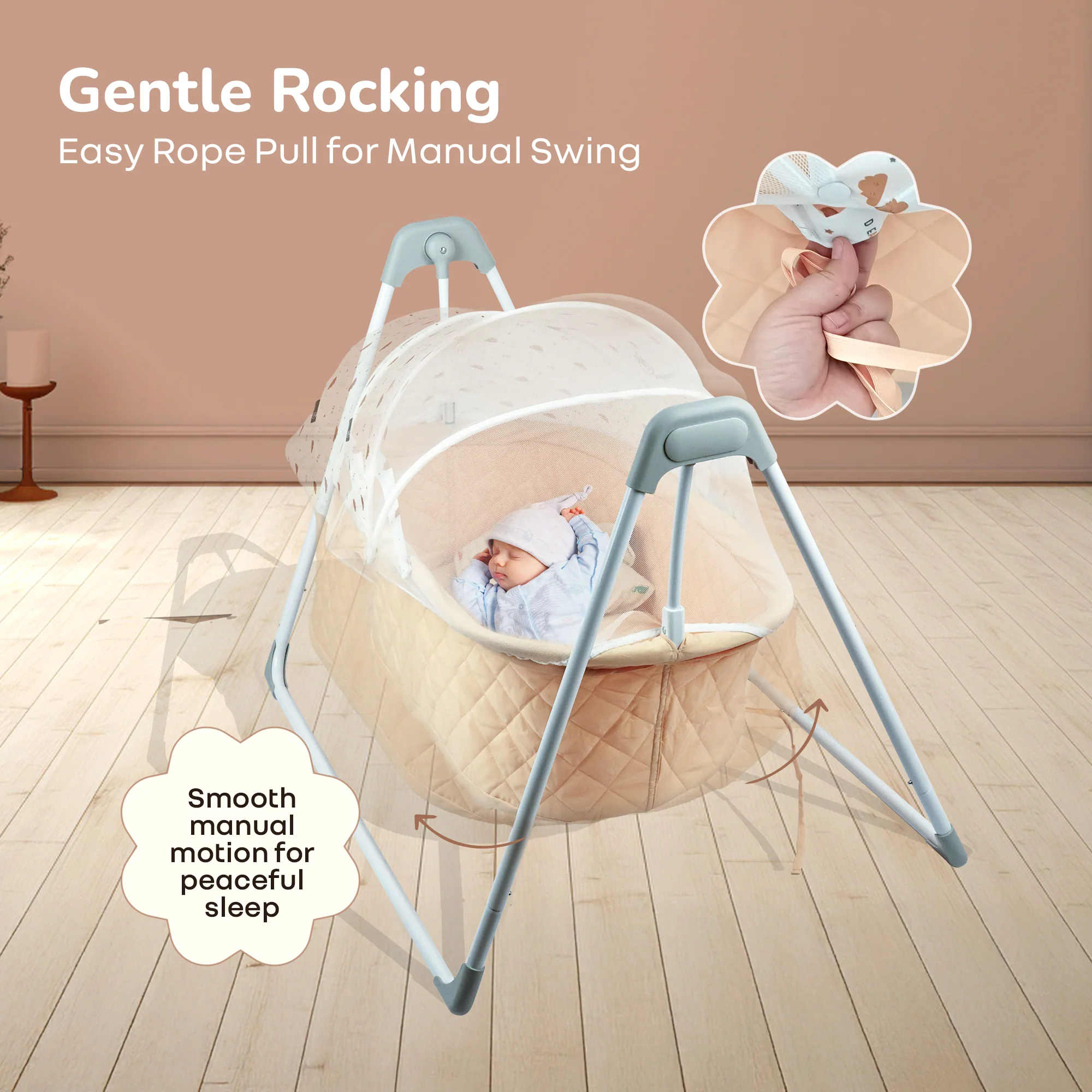 Lullabies Manual Baby Cradle Safe & Comfortable Baby Bed - Peach Multi - Image 3