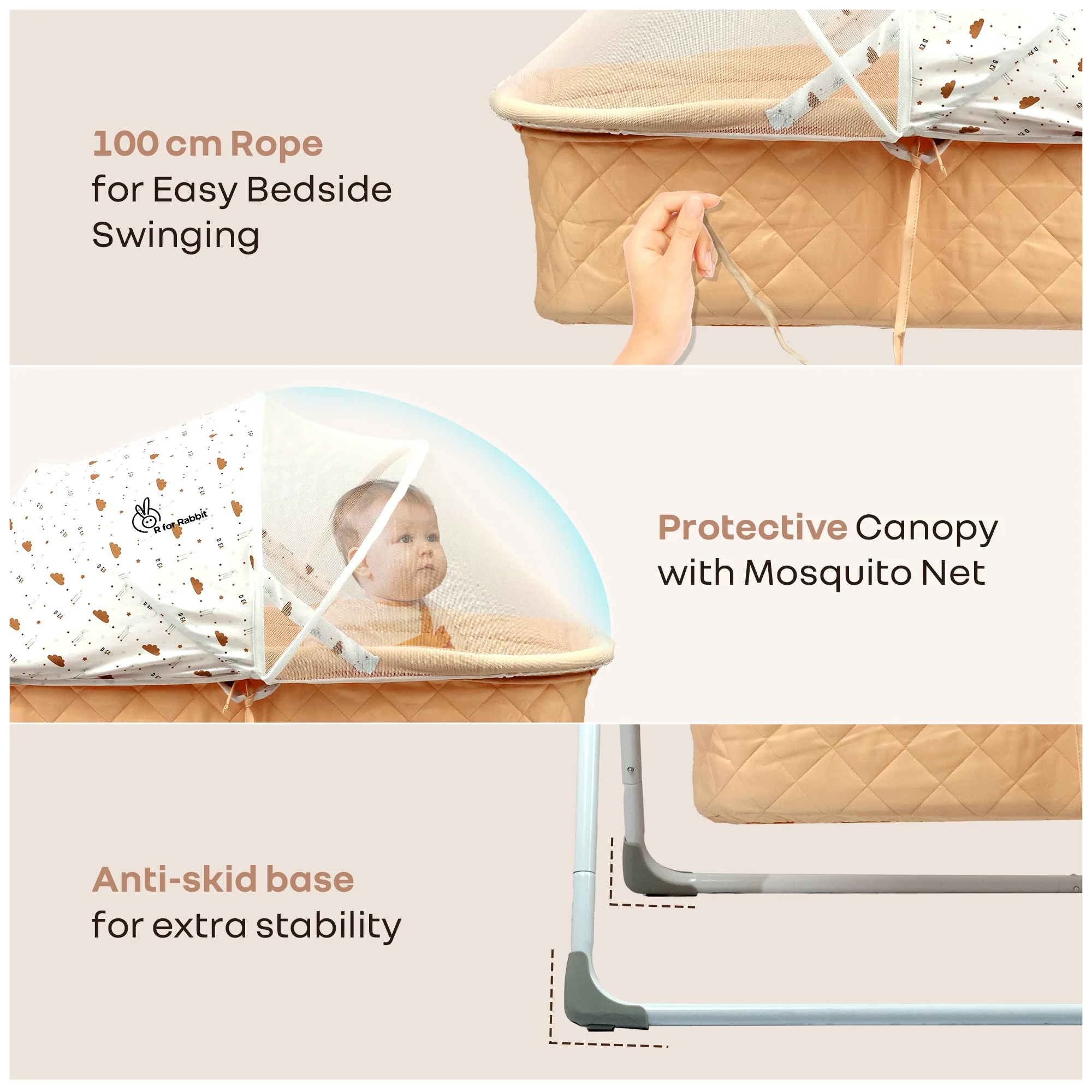 Lullabies Manual Baby Cradle Safe & Comfortable Baby Bed - Peach Multi - Image 5