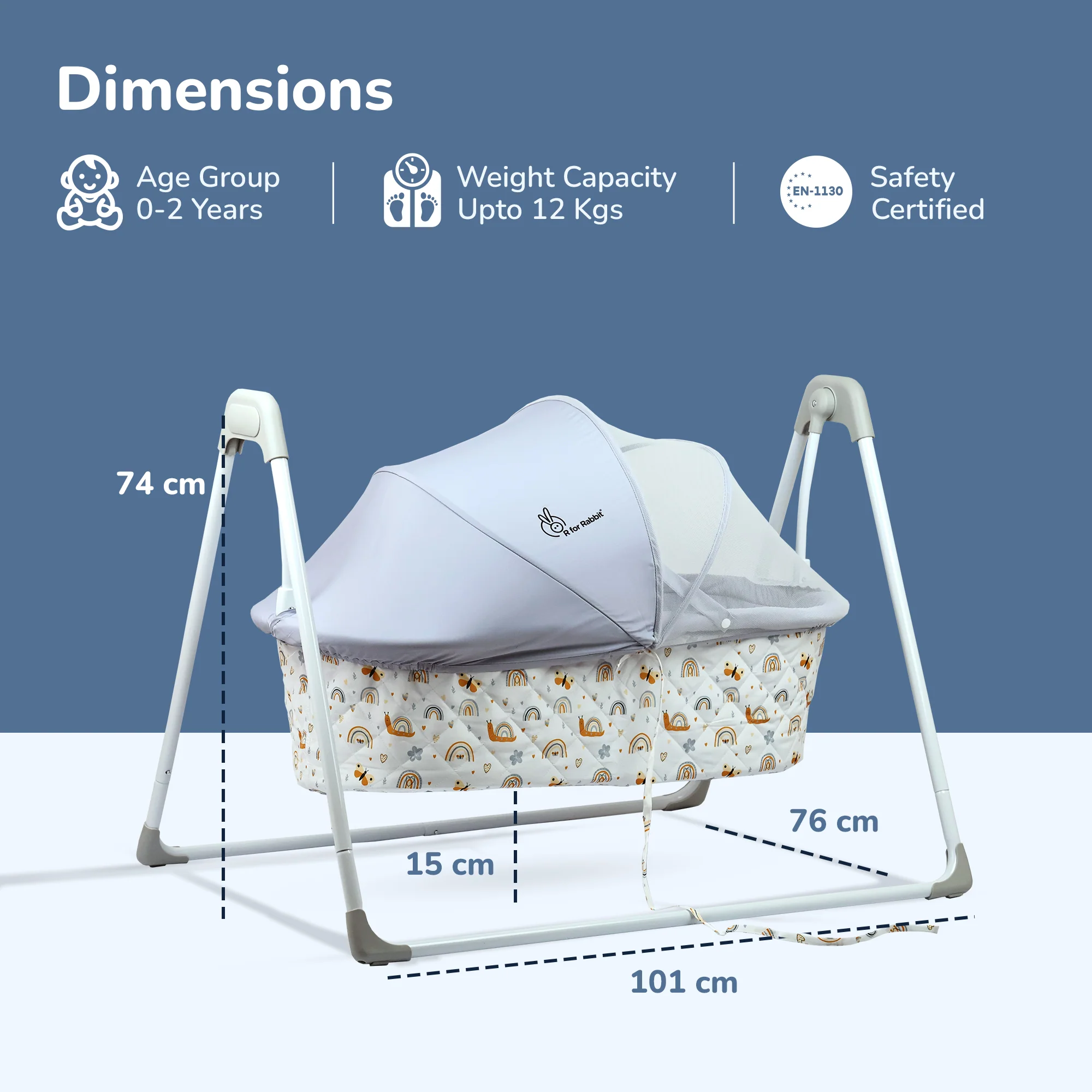 Lullabies Manual Baby Cradle Safe & Comfortable Baby Bed - Grey Multi - Image 8