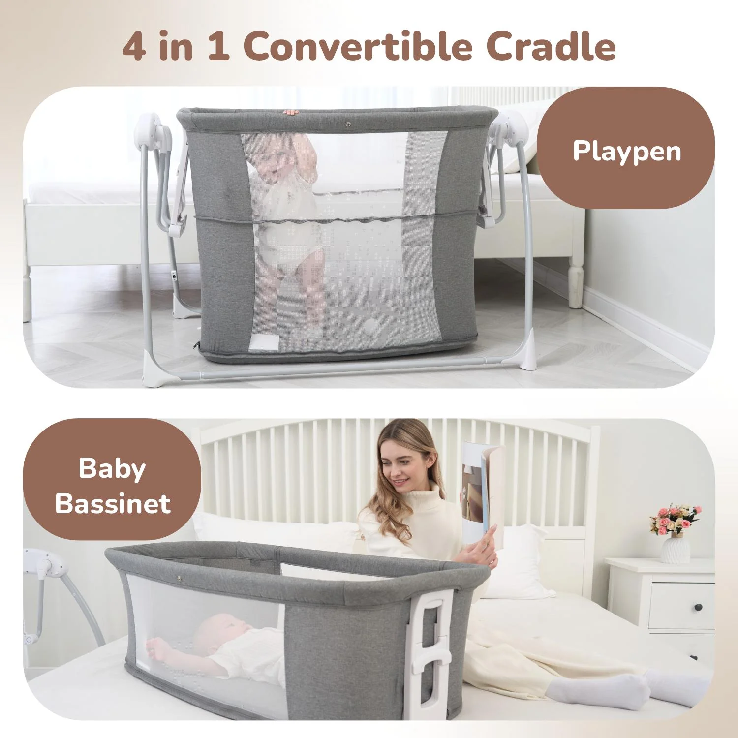 Lullabies Smart Electric Cradle For Babies 4 in 1 Multipurpose Cradle - Grey - Image 3