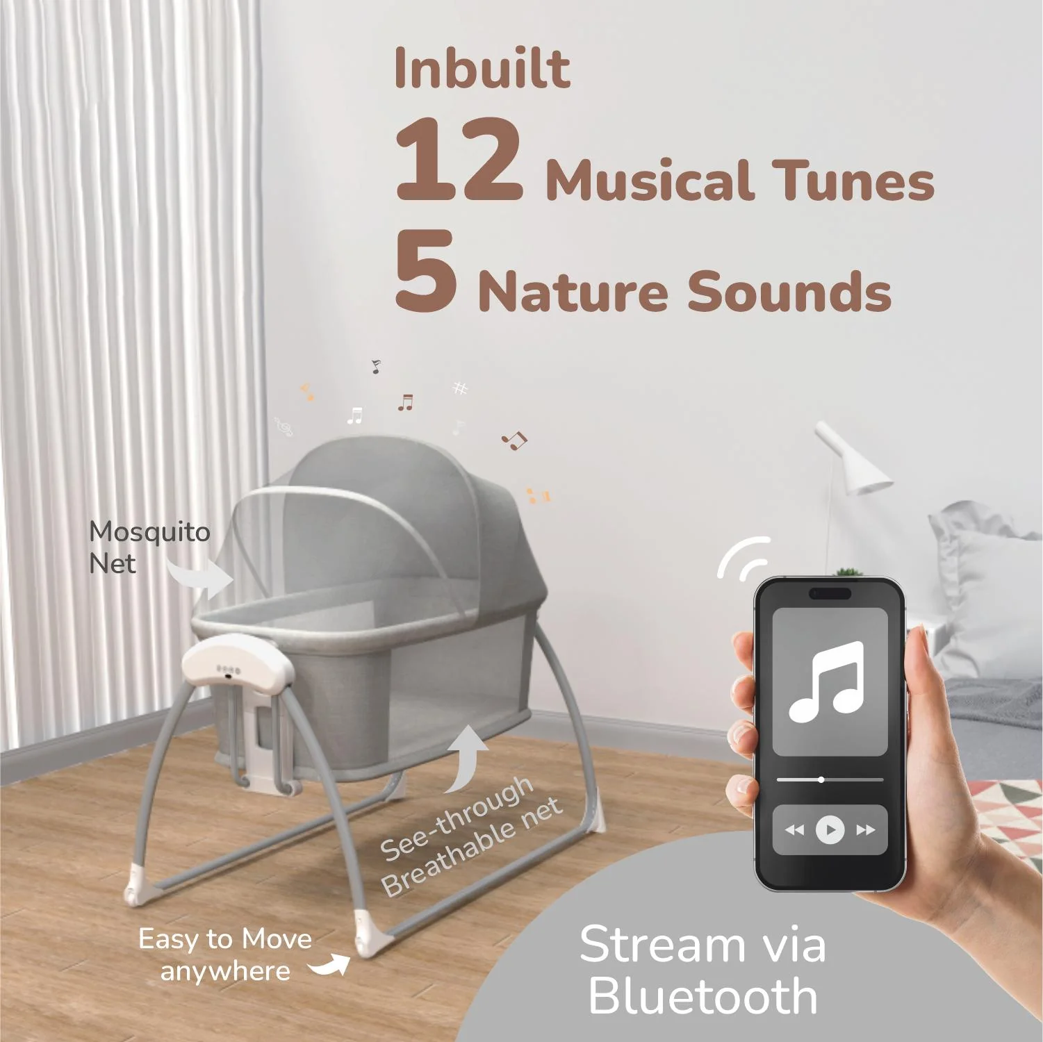 Lullabies Smart Electric Cradle For Babies 4 in 1 Multipurpose Cradle - Grey - Image 4