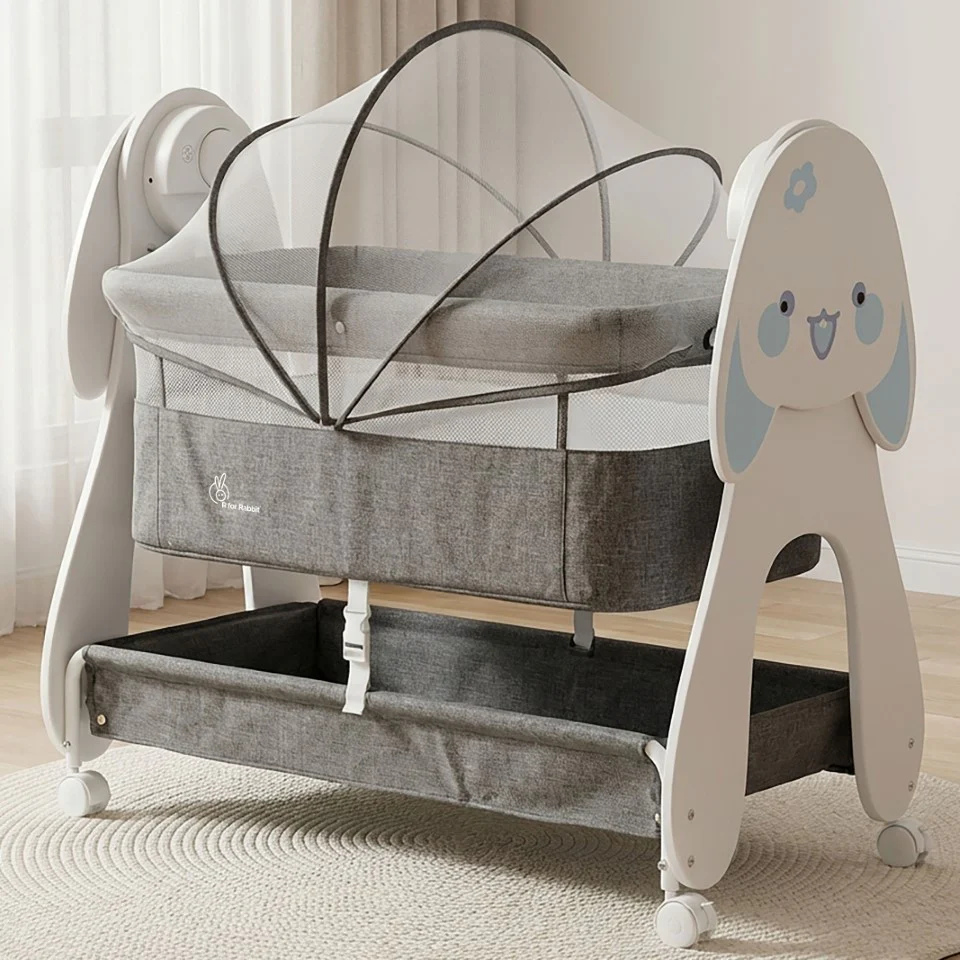 Lullabies Woodsy Bunny Smart Baby Cradle – 2-in-1 Auto Swing Cradle & Bedside Bassinet with Bluetooth Music, Timer, Plush Mattress, Mosquito Net & Storage Basket (0–18 Months) - Grey White