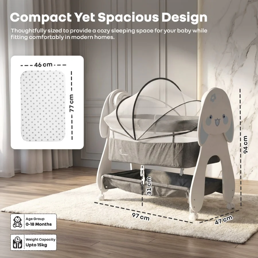 Lullabies Woodsy Bunny Smart Baby Cradle – 2-in-1 Auto Swing Cradle & Bedside Bassinet with Bluetooth Music, Timer, Plush Mattress, Mosquito Net & Storage Basket (0–18 Months) - Grey White - Image 10