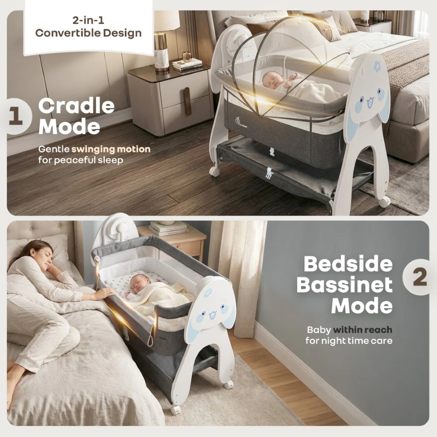 Lullabies Woodsy Bunny Smart Baby Cradle – 2-in-1 Auto Swing Cradle & Bedside Bassinet with Bluetooth Music, Timer, Plush Mattress, Mosquito Net & Storage Basket (0–18 Months) - Grey White - Image 3